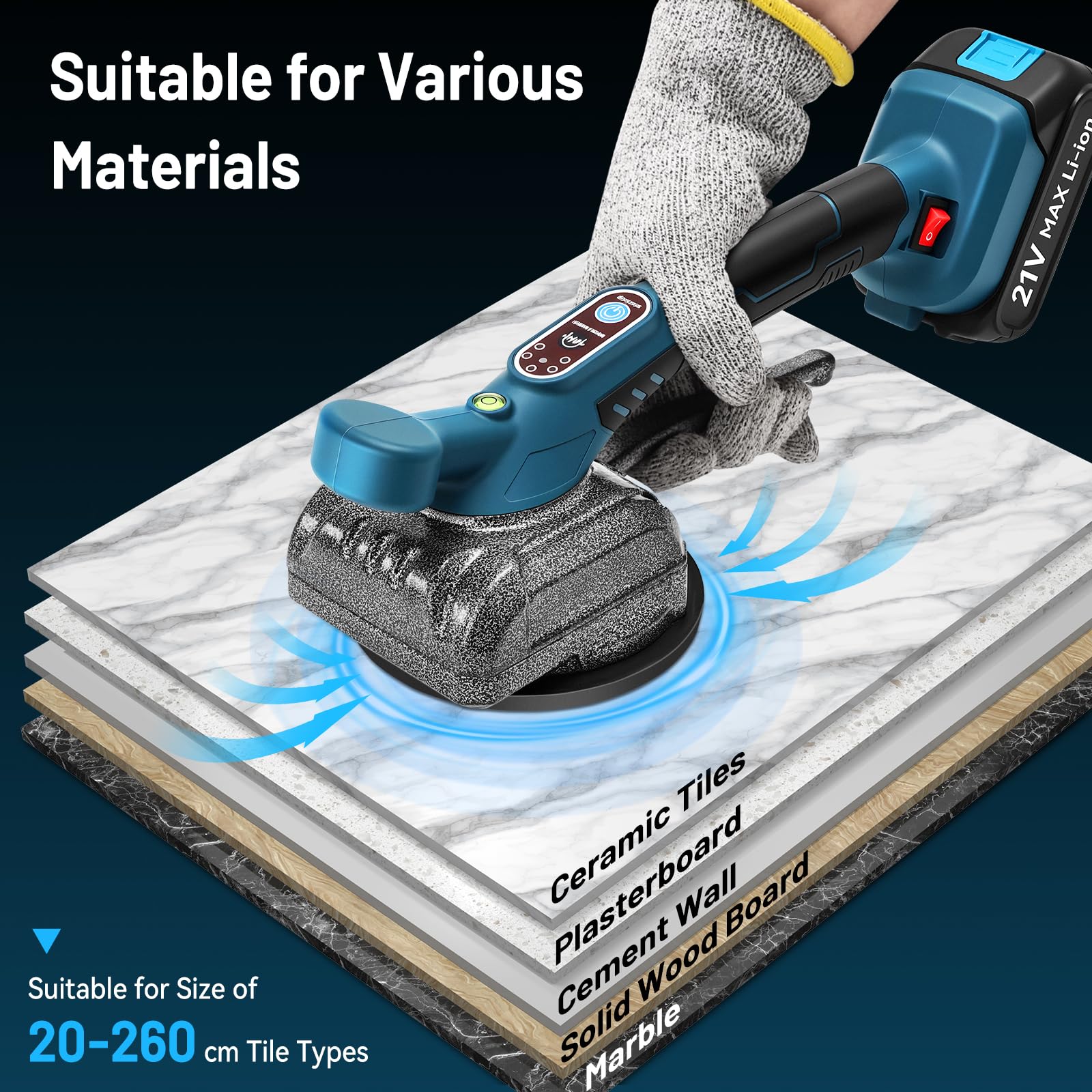 Yofuly Piastrellatrice per Piastrelle da 21V, Vibratori per Piastrelle a Batteria Piastrelle per Pavimenti da Parete Posa di Utensili Vibranti con Ventosa (2 × Batterie)