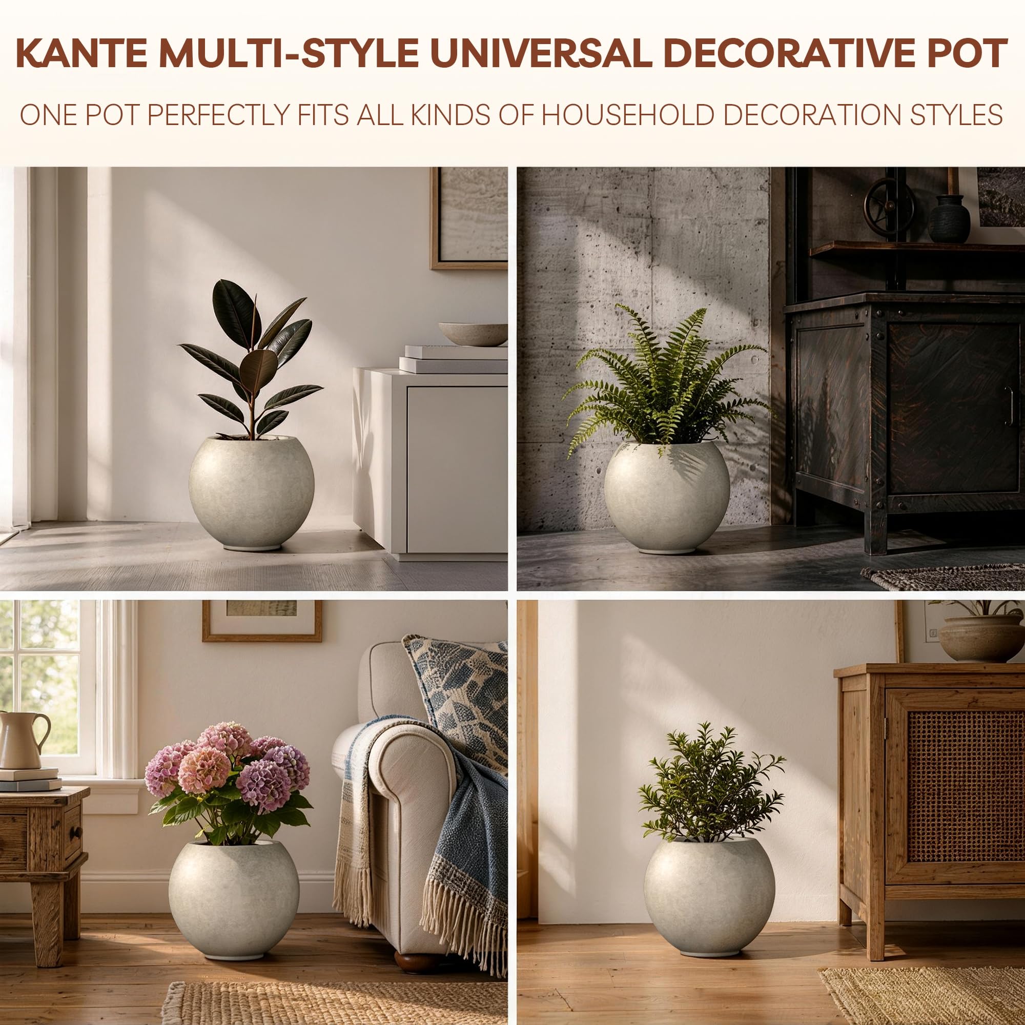 Kante Runder Beton-Blumentopf, 27,9 cm Durchmesser, kugelförmiges Design, Übertopf mit Ablaufloch für Innen- und Außenpflanzen, verwittertes Beton-Finish mit warmbrauner Innenseite