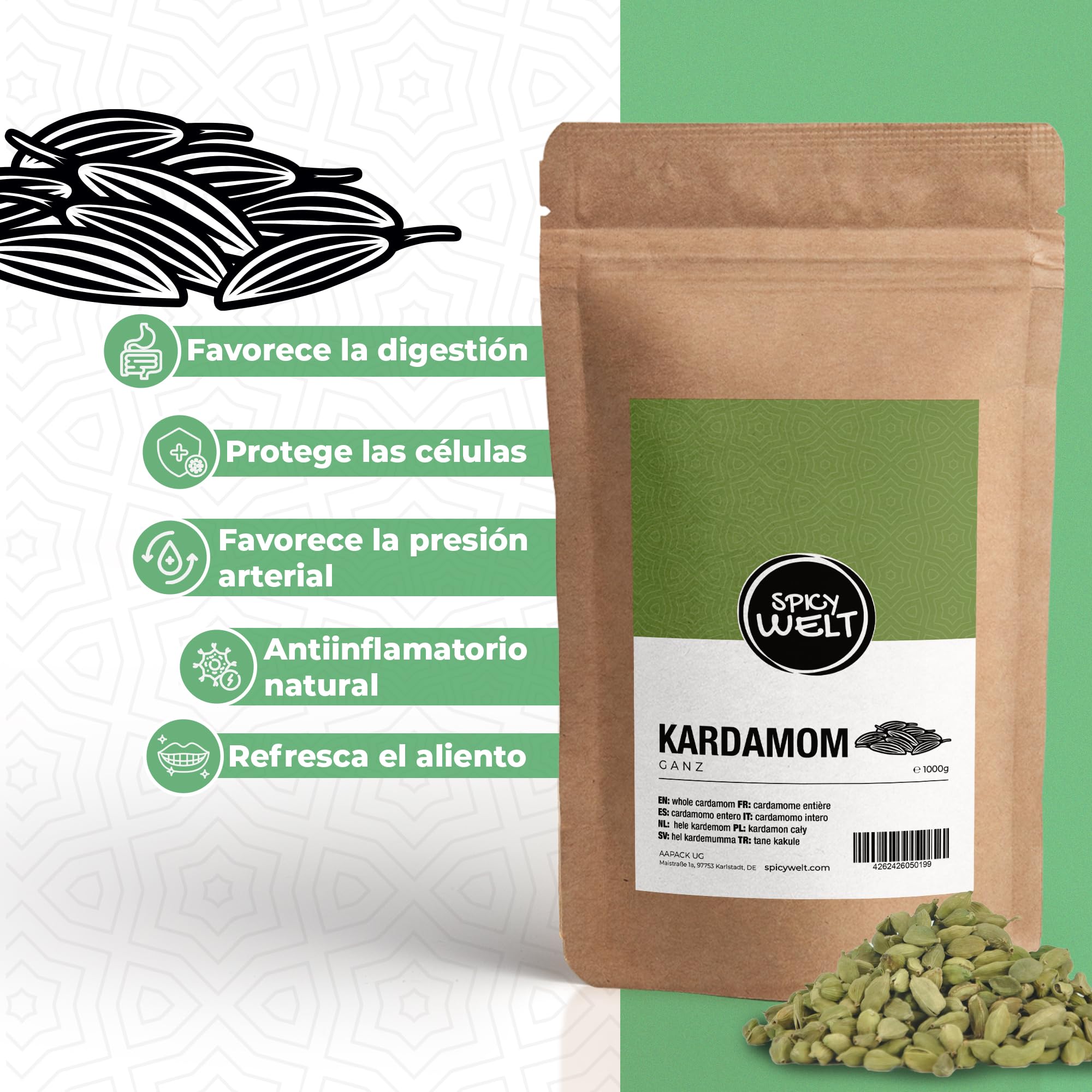Spicy Welt Cardamomo Verde Entero (250g) - Cardamomo en Vaina – para Curris, Postres e Infusiones | Intenso, Dulce y Cítrico | 100% Natural & Sin Aditivos
