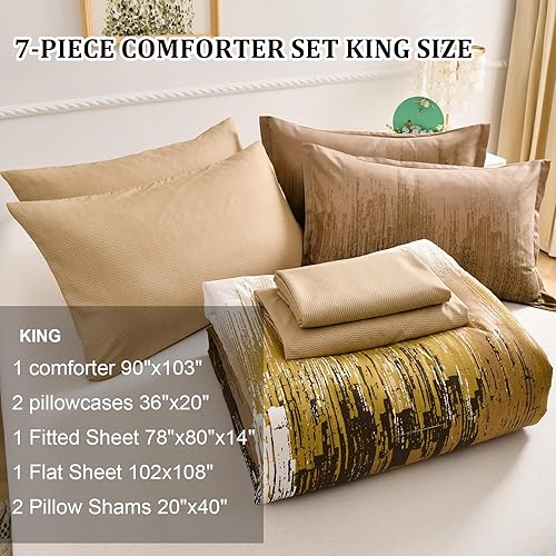 Miniatura 3 de WONGS BEDDING Juego de edredón marrón King, 7 piezas de cama en una bolsa, edredón de arte abstracto colorido con degradado, ropa de cama de