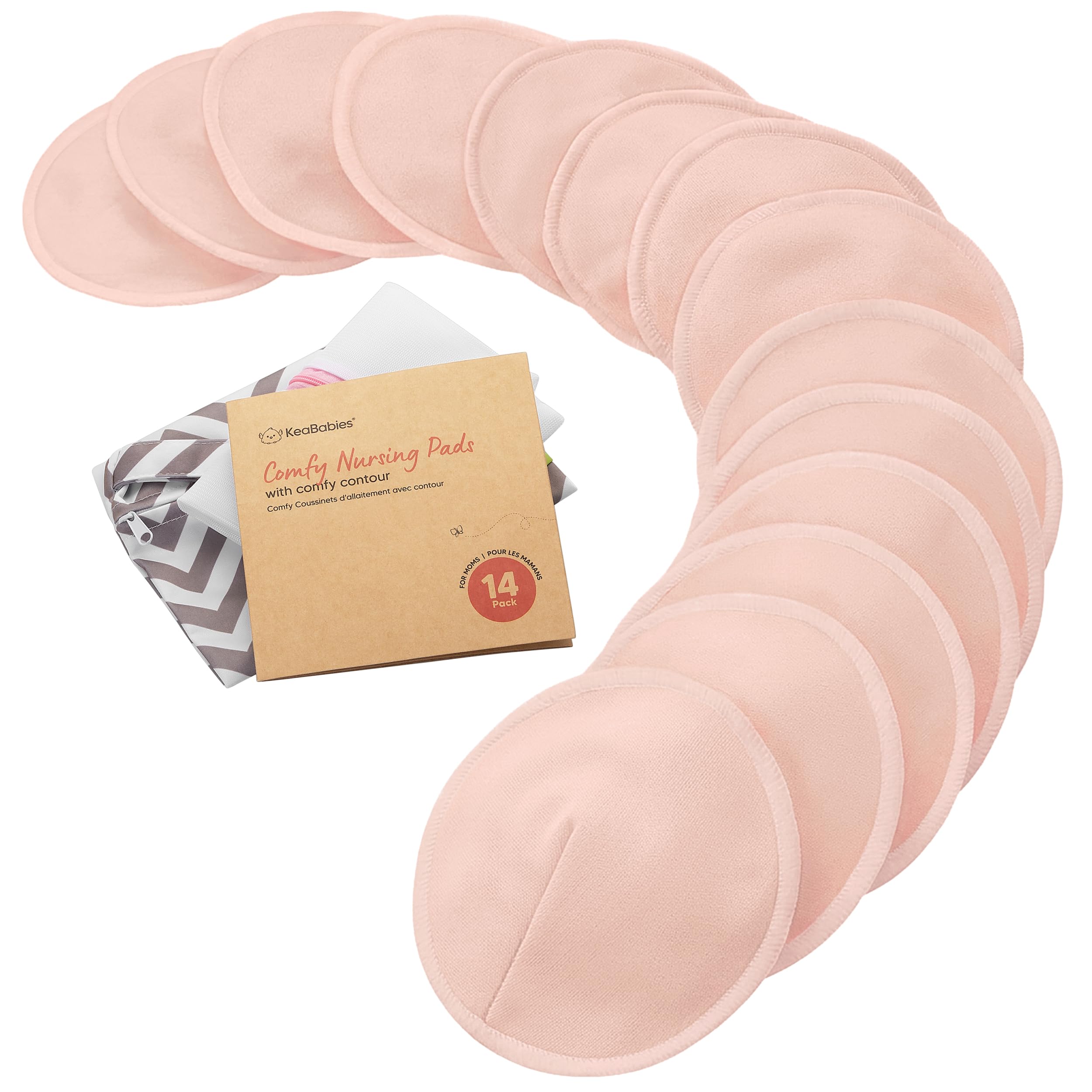Organic Bamboo Nursing Pads - 14 Washable Pads + Wash Bag - Nursing Pad for Maternity (Pink Sand, L 12cm) — image 1