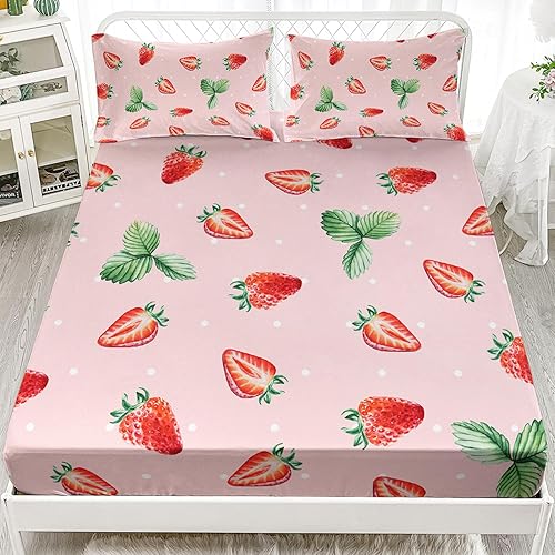 AILONEN Juego de sábanas bajeras de fresa tamaño individual, juego de sábanas bonitas de fresa para niñas, juego de sábanas temáticas rosas, 3