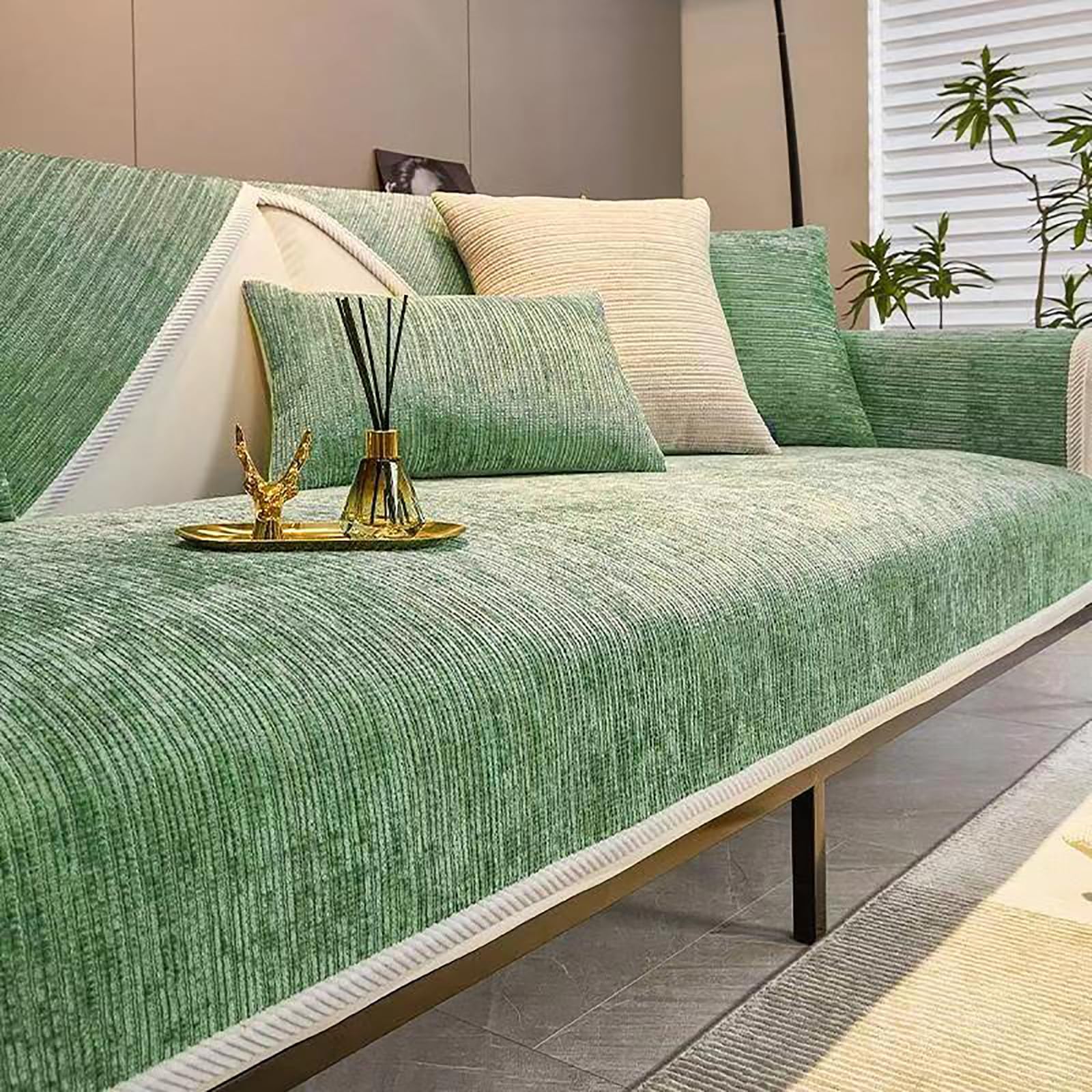 Non-Slip Sofa Cover, L/U Shaped Corner Universal Chenille Couch Cover, Simple Striped Washable, 1 2 3 4 Seater Anti-Scratch Sofa Protector for Cat Dog, Leather/Fabric Furniture Cover, Green 110*240Cm