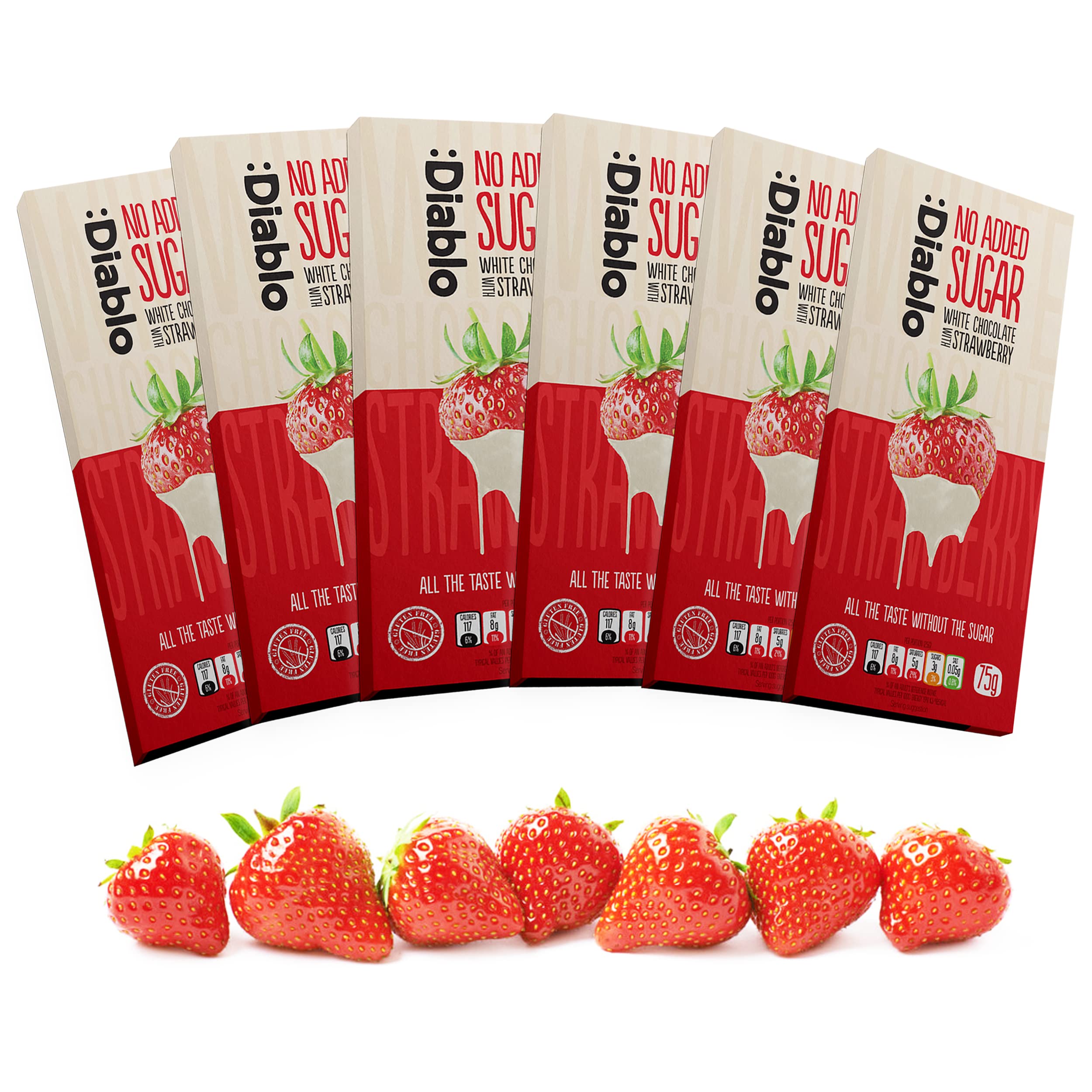 Diablo White Chocolate Bar with Strawberry | No Added Sugar, Gluten Free |Diabetic Friendly Chocolate| Hamper Available – Perfect for Gifting | 75g (Pack Of 6)