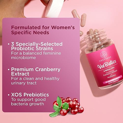 Miniatura 3 de VeeFresh VeeBiotics - Probióticos de arándano para mujeres, 60 cápsulas de probióticos para mujer con prebióticos y extracto de arándano para