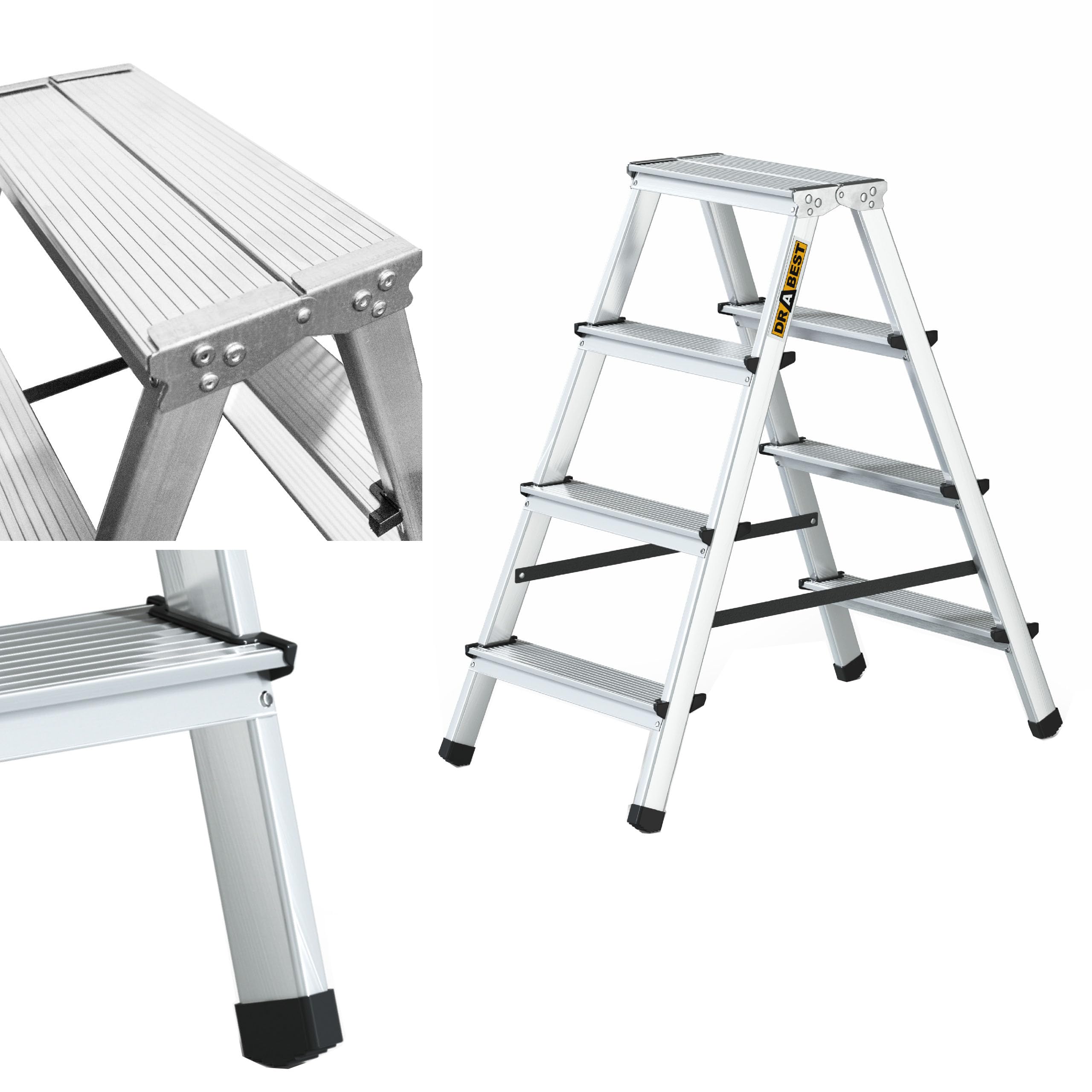 DRABEST Double Sided Aluminium Domestic Ladder with 4 Steps Capacity 125 kg – Scissor Ladder with Working Platform – 4 Steps Scissor Ladders – 44 x 86.5 x 16 cm