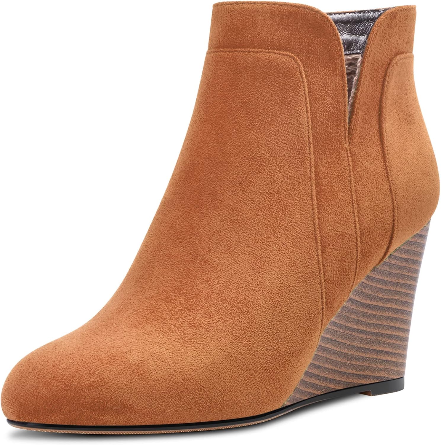 DearOnly Womens Short Bootie Ankle Boots Wedge Round Toe Block Chunky High Heel Suede Dress Shoes Vintage Classic Zipper 4 Inch