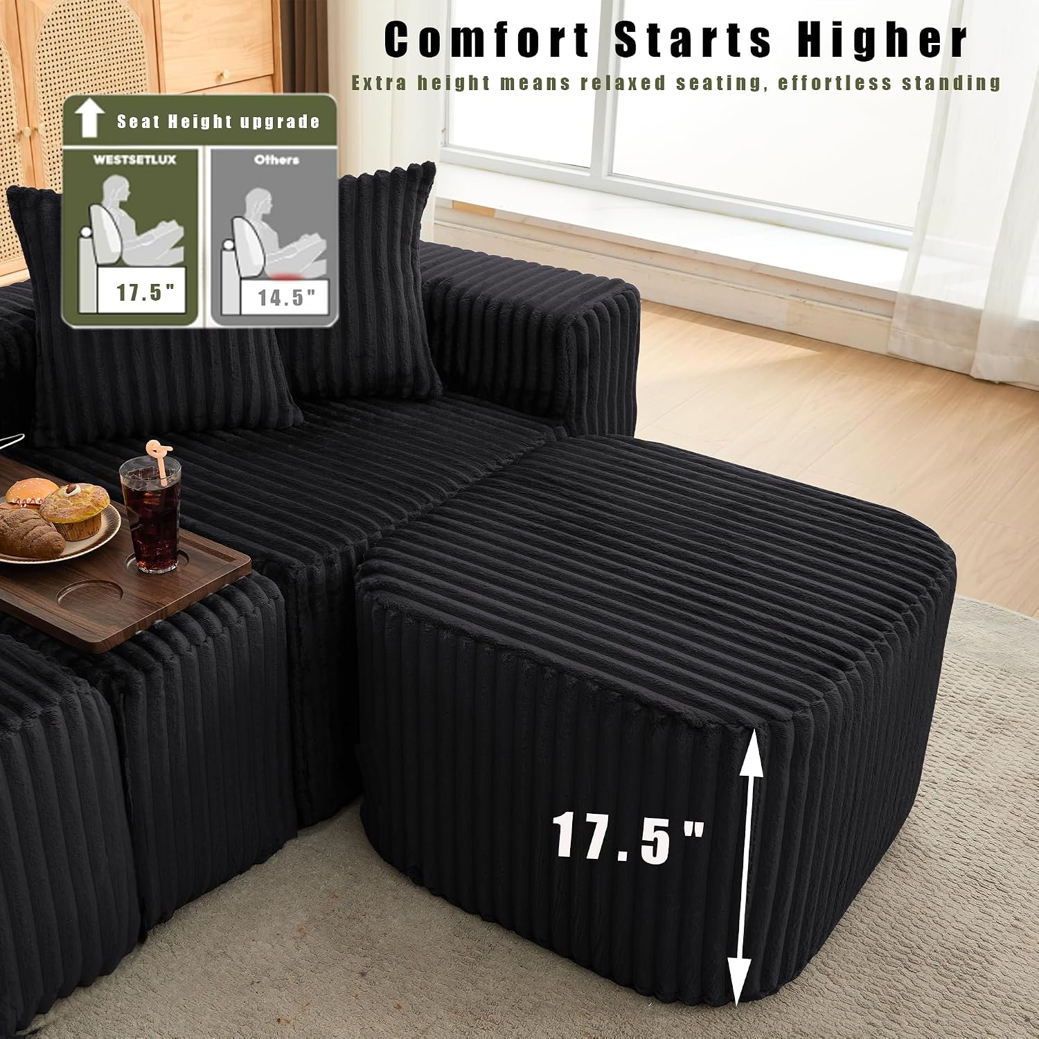 137.5" U-Shaped Corduroy Sofa 6 Seats USB/Wireless Charge Cup Holder No Assembly Black