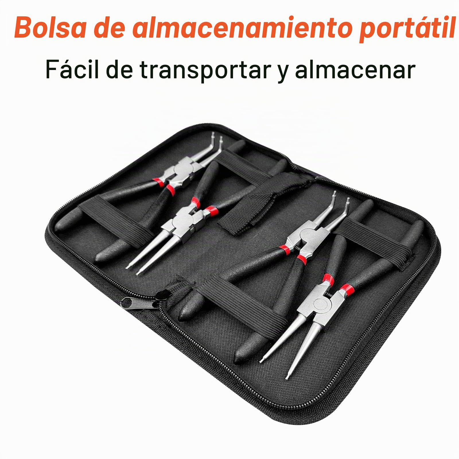 4 piezas alicates circlip Interiores, alicates circlip Externos, Rectas con mango aislado, Curvas con Bolsa de Almacenamiento para Anillos de Retencion