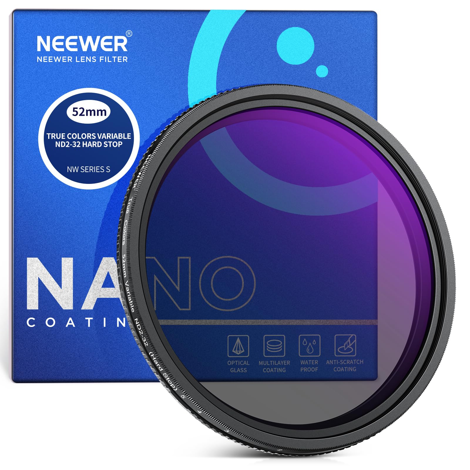 NEEWER 52mm Filtre ND Variable True Colors Hard Stop ND2-32(1-5 Stops) à Densité Neutre Limitée Verre Optique HD Multicouche Accessoire/Non Croix X/Cadre Aluminium/Résistant à l'eau/Rayure/Trace Doigt