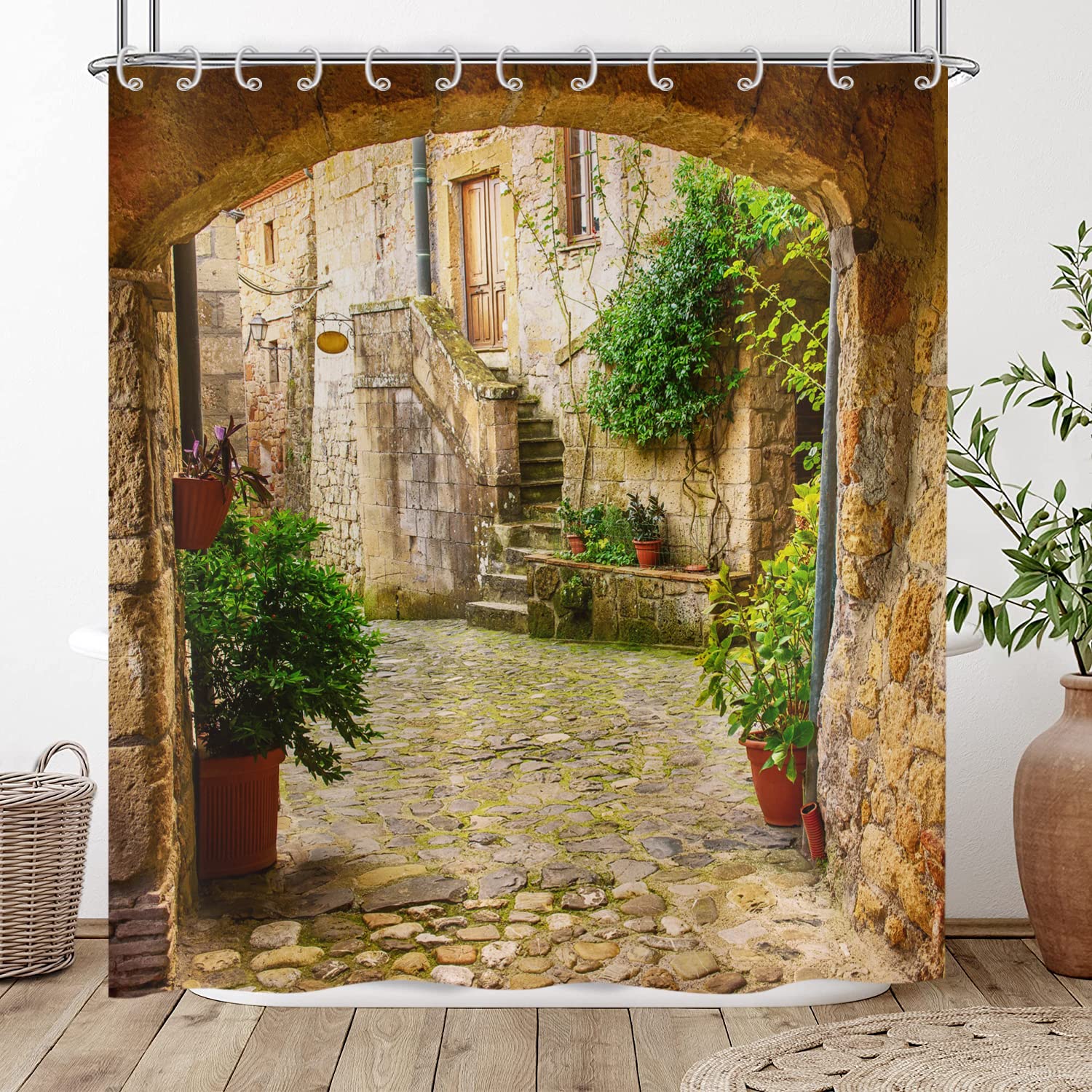 Hnmdmyi 3D Shower Curtain 150x180, Garden Plants Scenery Street Alley Picture Shower Curtains Italy Outdoor View Bathroom Curtains Waterproof Polyester Fabric Washable Bath Curtains with Hooks