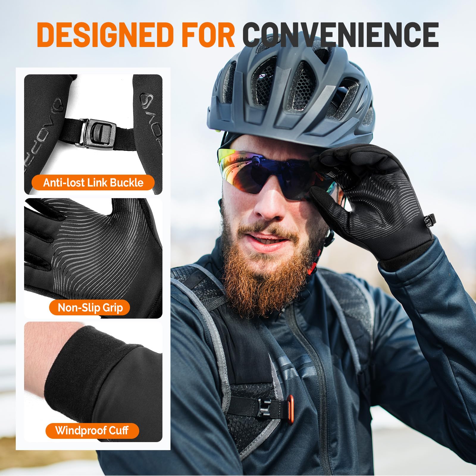 AOPREL Gants Thermiques Anti-Vent Tactiles Chauds Antidérapants Vélo Randonnée Running Conduite Sports d'Extérieur