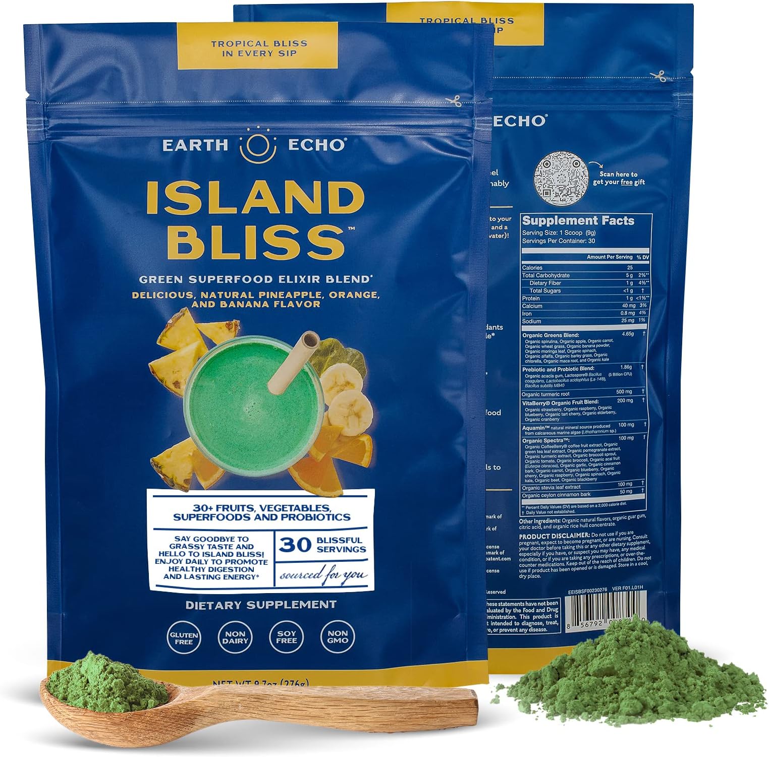 Earth Echo Island Bliss - Green Superfood Energy Drink Powder - 30 Servings - Delicious Tropical Smoothie Mix with Digestive Probiotics for Gut Performance and Immunity Boost Support - No Gluten