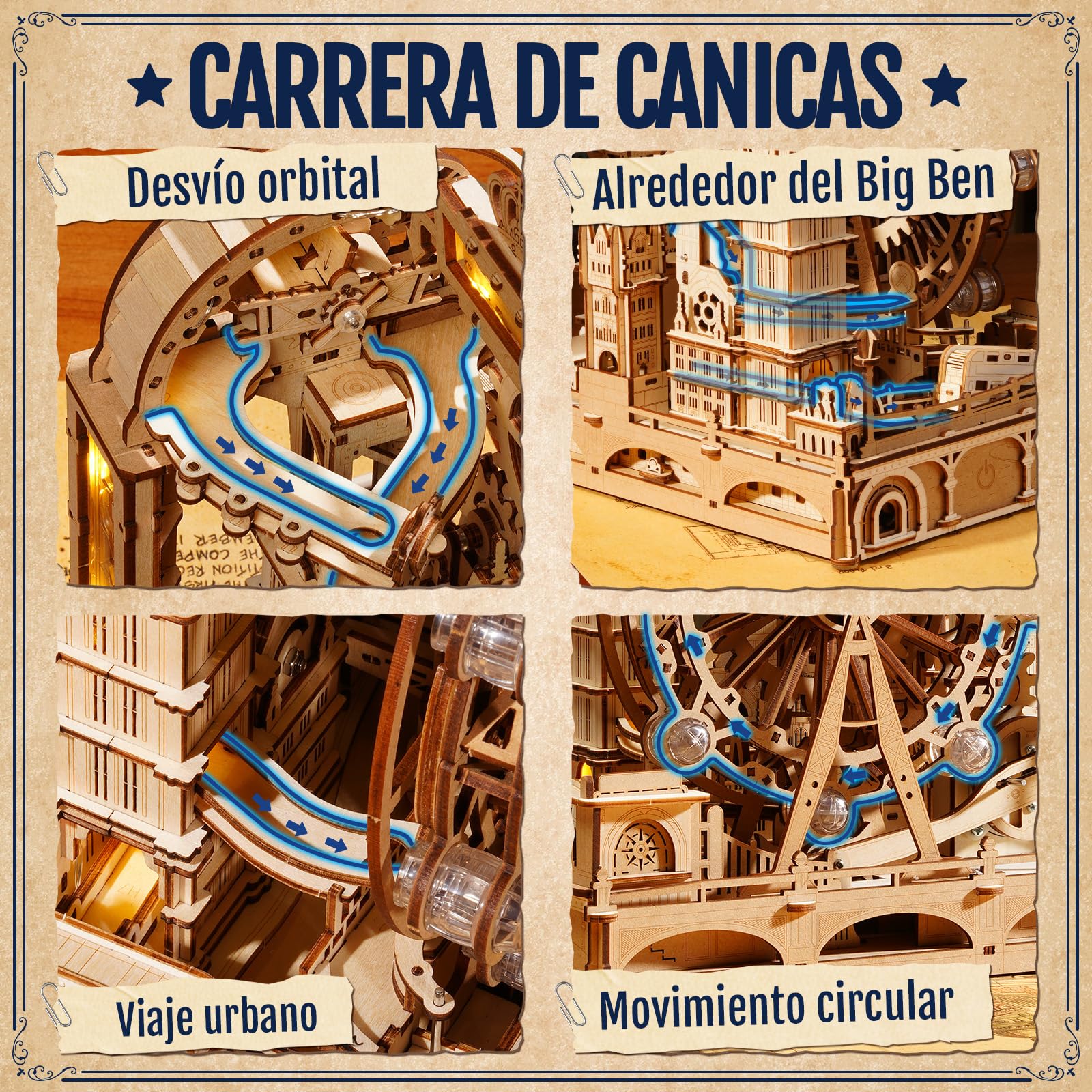 ROKR Marble Travel London – Puzzle de Circuito de Canicas 3D en Madera, Kit Stem para Adolescentes y Adultos, Modelo Interactivo de Monumentos de Londres con Luz Decorativa