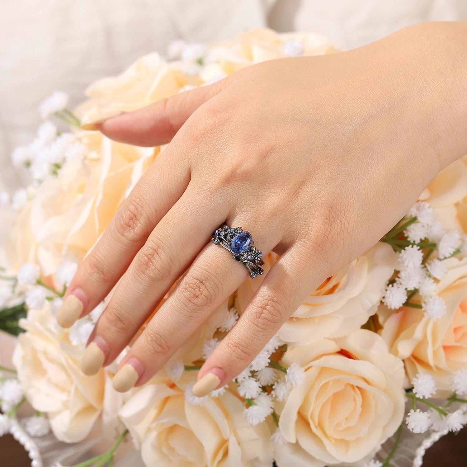 Bridal Wedding Ring Sets for Women Black Gold Plated Engagement Ring Red/Blue/Purple Zircon Art Deco Vine Leaf Promise Ring for Her Size 6-9