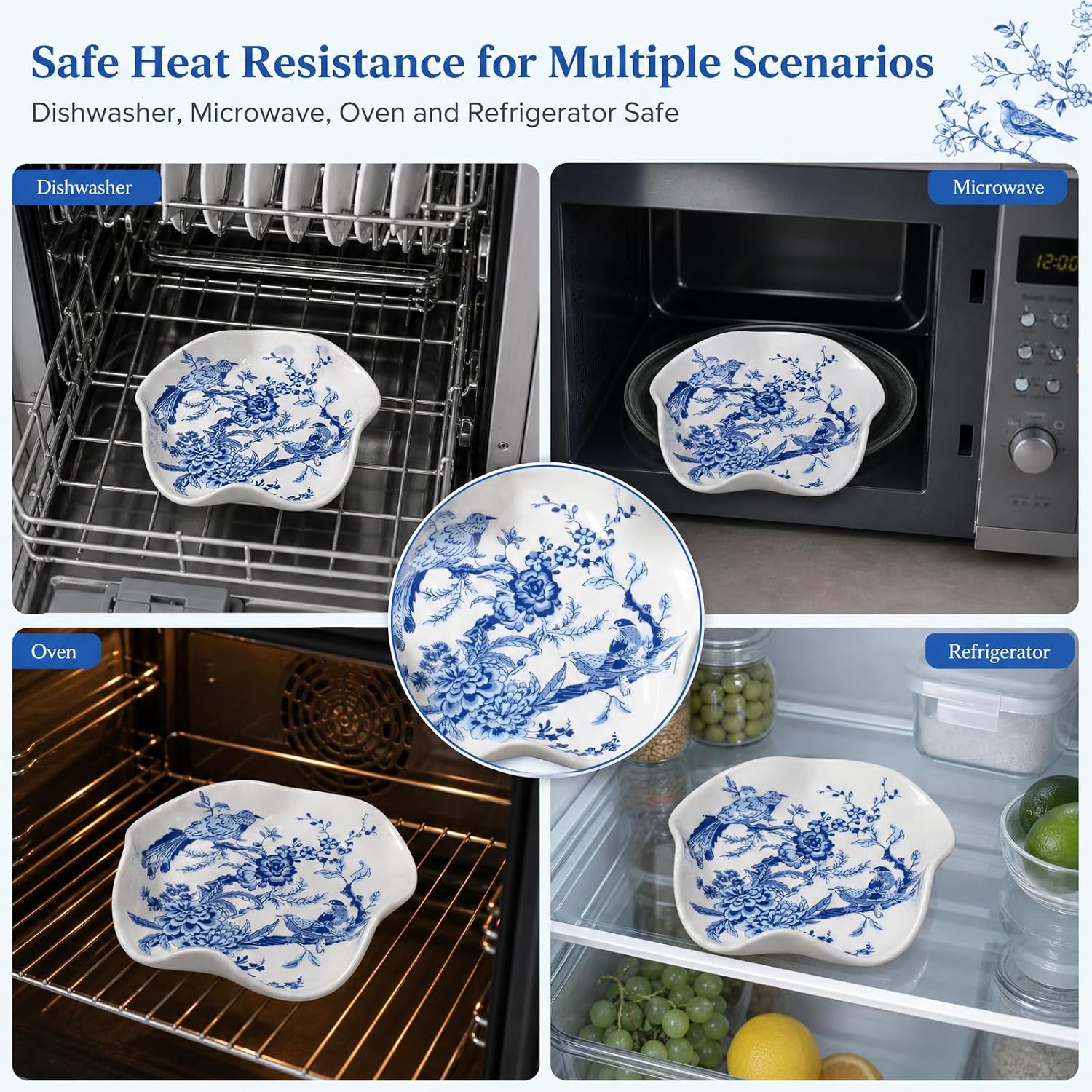 SNJORT 5.2" Blue White Chinoiserie Ceramic Spoon Rest, Heat Safe Stovetop