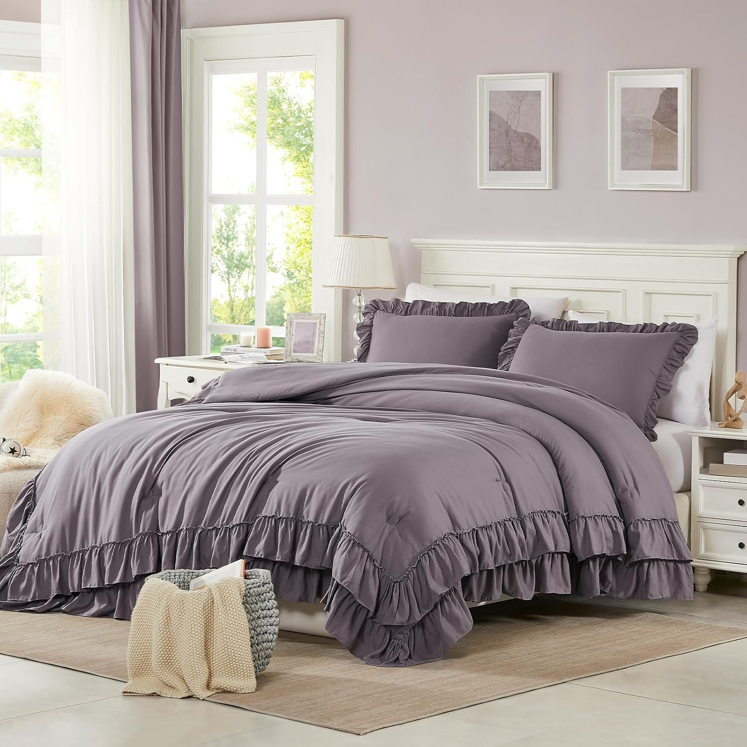 Cupocupa Purple Ruffle King Size Comforter Set, Shabby Chic Boho Bedding Comforter Sets, Fluffy Cozy Bedding Comforters & Sets for All Season, 3PCS Lightweight Farmhouse Rustic Bedding Sets