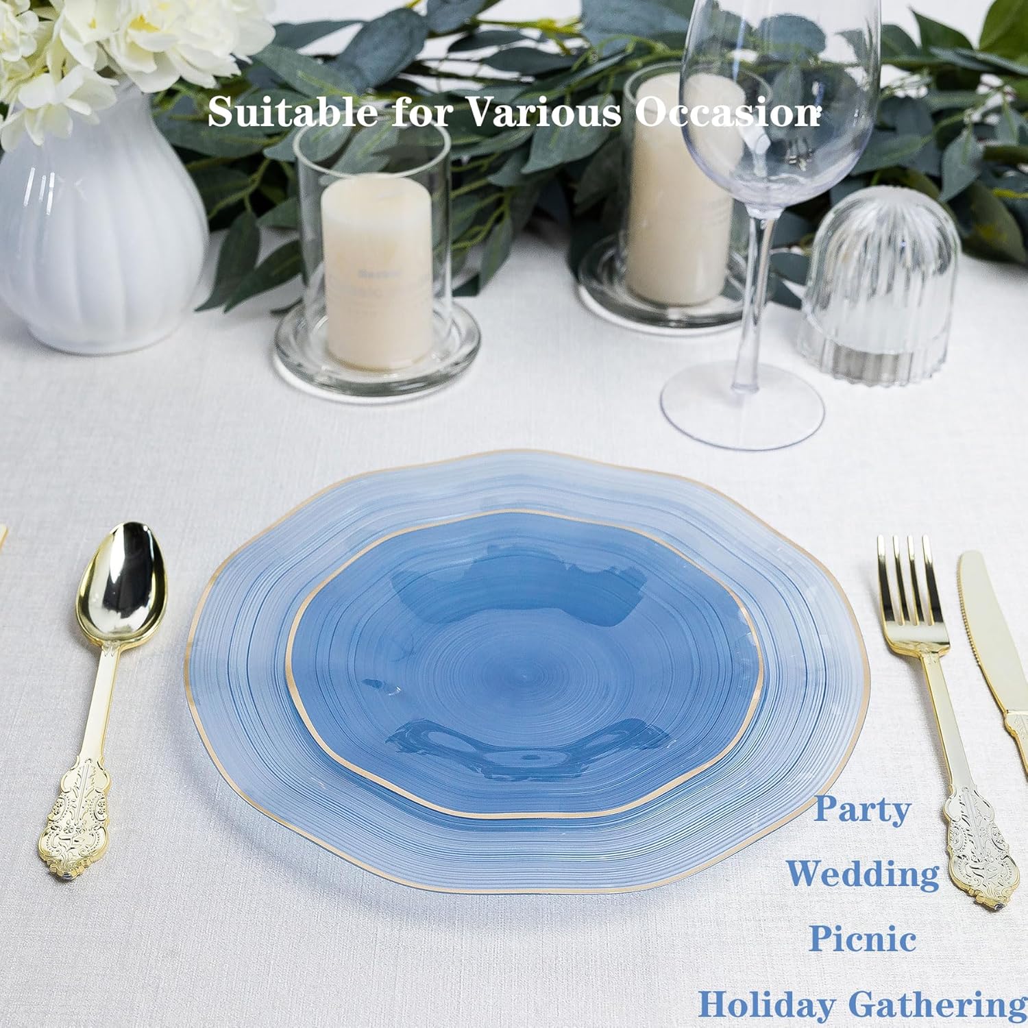100PCS Blue Plastic Plates-Crystal Design Blue Wave Disposable Plates with Gold Rim, Fancy Disposable Plates Include 50 Dinner Plates, 50 Dessert/Salad Plates for Party & Birthday - Image 6