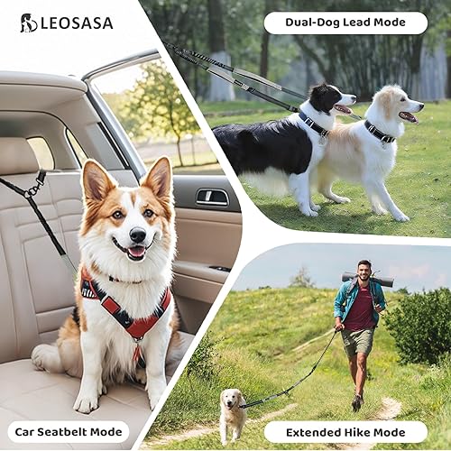 Miniatura 6 de Correa doble para perro, divisor sin enredos para dos perros, acoplador con cuerda de plomo larga ajustable, asas de control dual, elástico