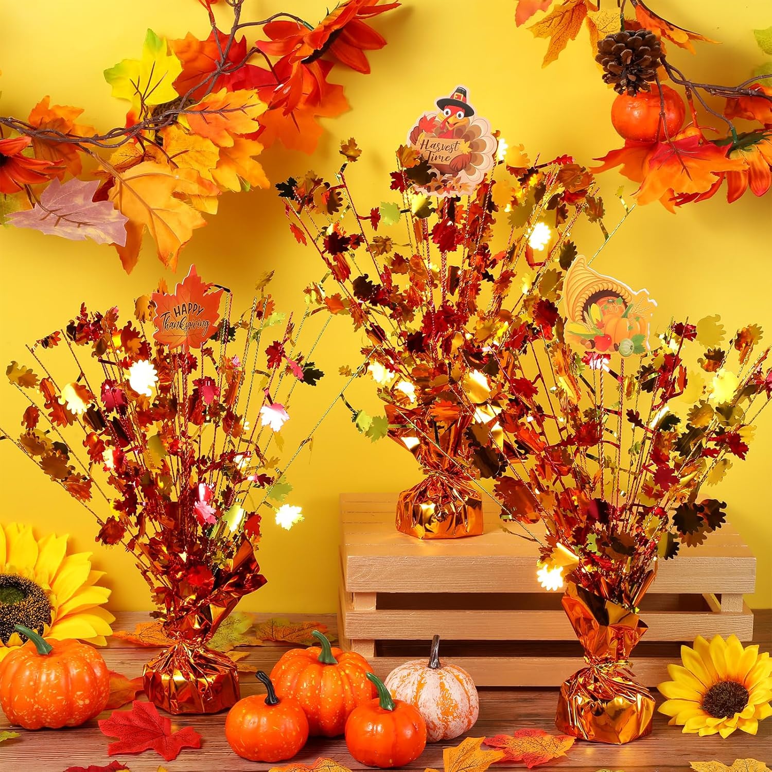 Ceenna 12 Pcs Thanksgiving Table Decorations Metallic Gleam Foil Spray Centerpieces Maple Leaves Turkey Model Fall Harvest Table Decoration for Happy Thanksgiving Party Decor Supplies