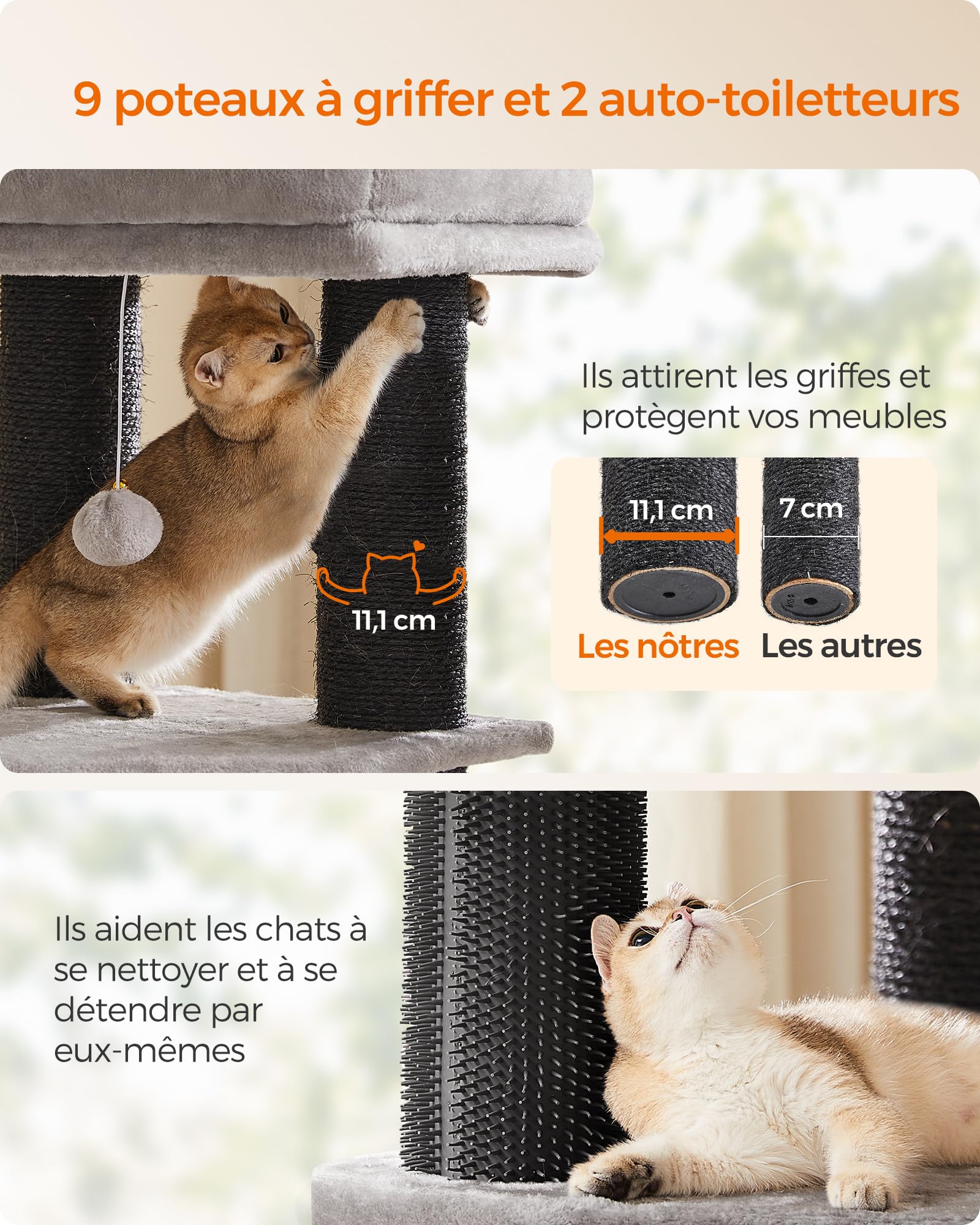 Feandrea Arbre à Chat Grand et Stable, Auto-toiletteurs, Poteaux à Griffer, Niche, Hamacs, Plateformes, Corde en Sisal, 50 x 50 x 160 cm, Gris Tourterelle et Noir PCT003W01