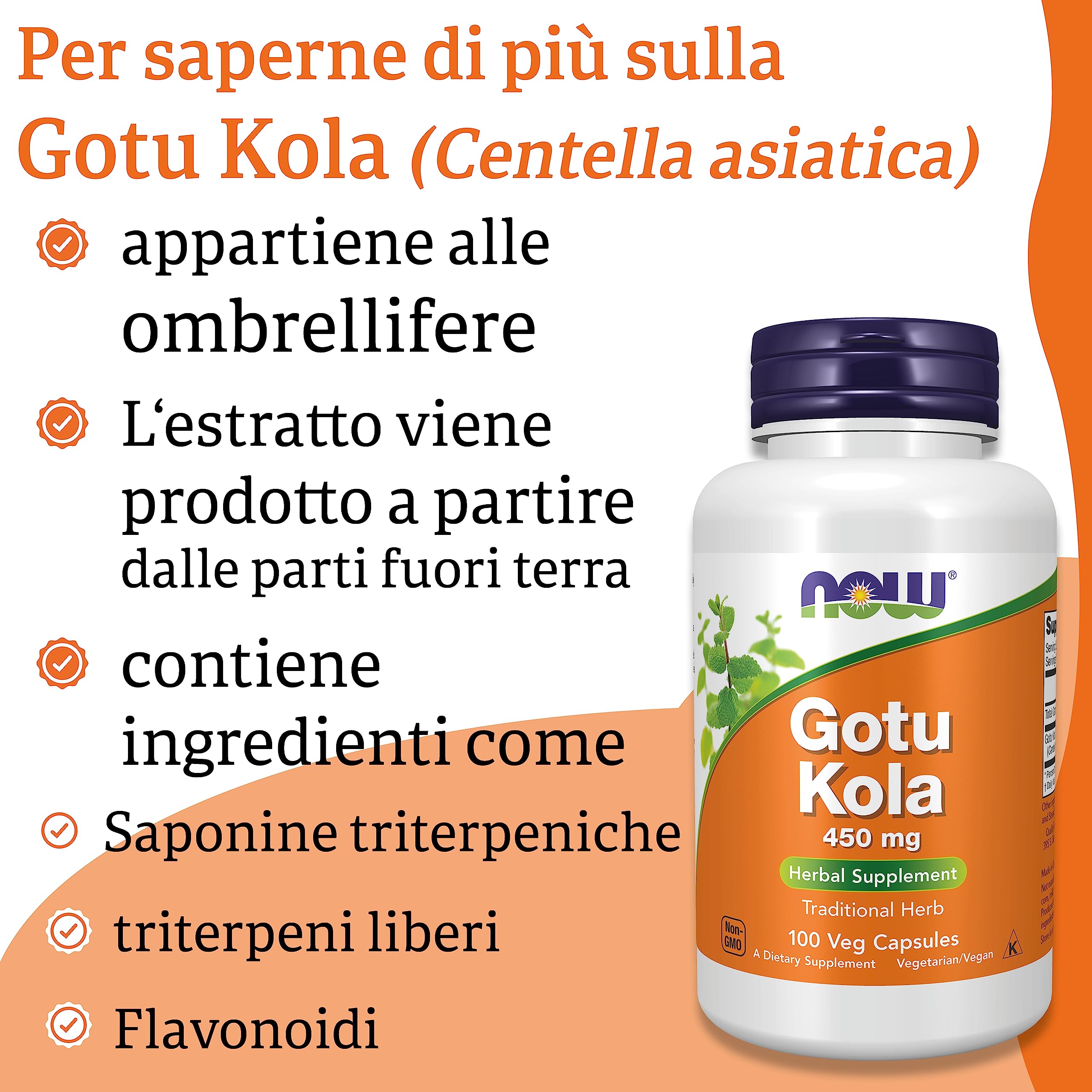 Now Foods, Gotu Kola, 450 mg, 100 Capsule vegane, Testato in Laboratorio, Vegetale, Senza Glutine, Senza Soia, Vegetariano