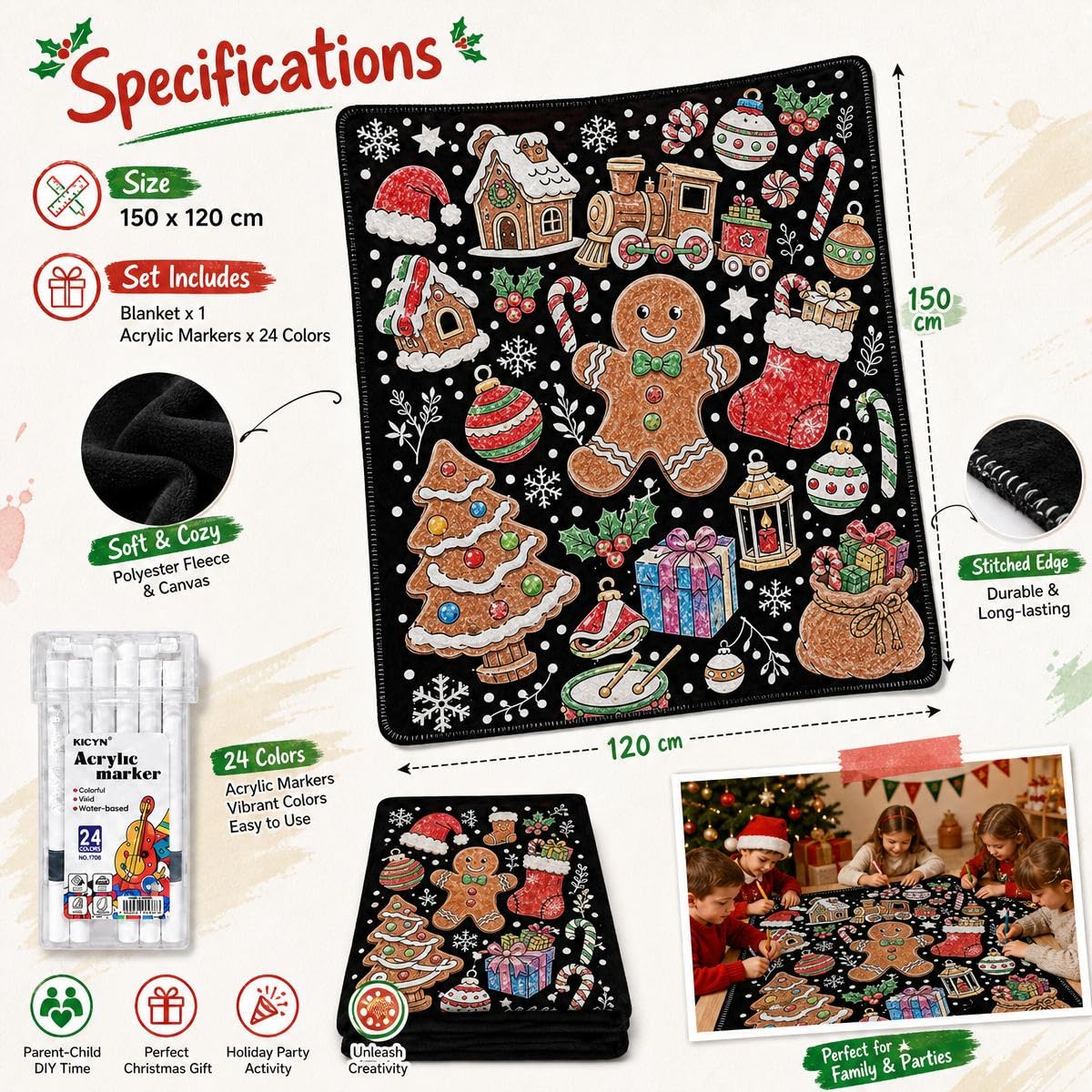 VEELU DIY Colouring Blanket with 24 Coloured Markers - Image 3