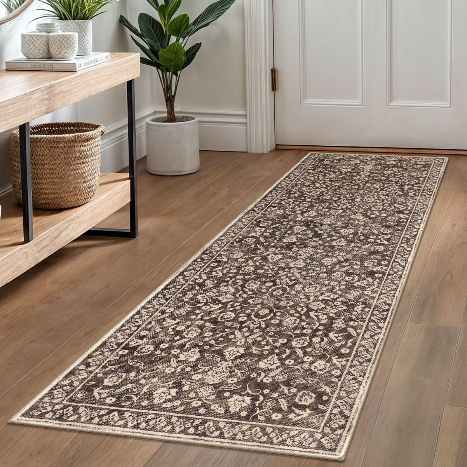SILOLOOM Vintage Washable Runner Rug 2x6, Rust Brown Red Runners for hallways, Super Soft Kitchen Runner Rug Non Slip, Printed Faux Wool Floral Thin Carpet Runner for Entryway Laundry Room Bedroom — image 1