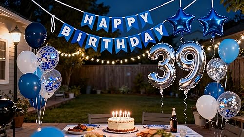 Vista 24 de Decoración de fiesta de cumpleaños número 31, color azul plateado para hombres, pancarta de feliz cumpleaños número 31, globos de papel de aluminio