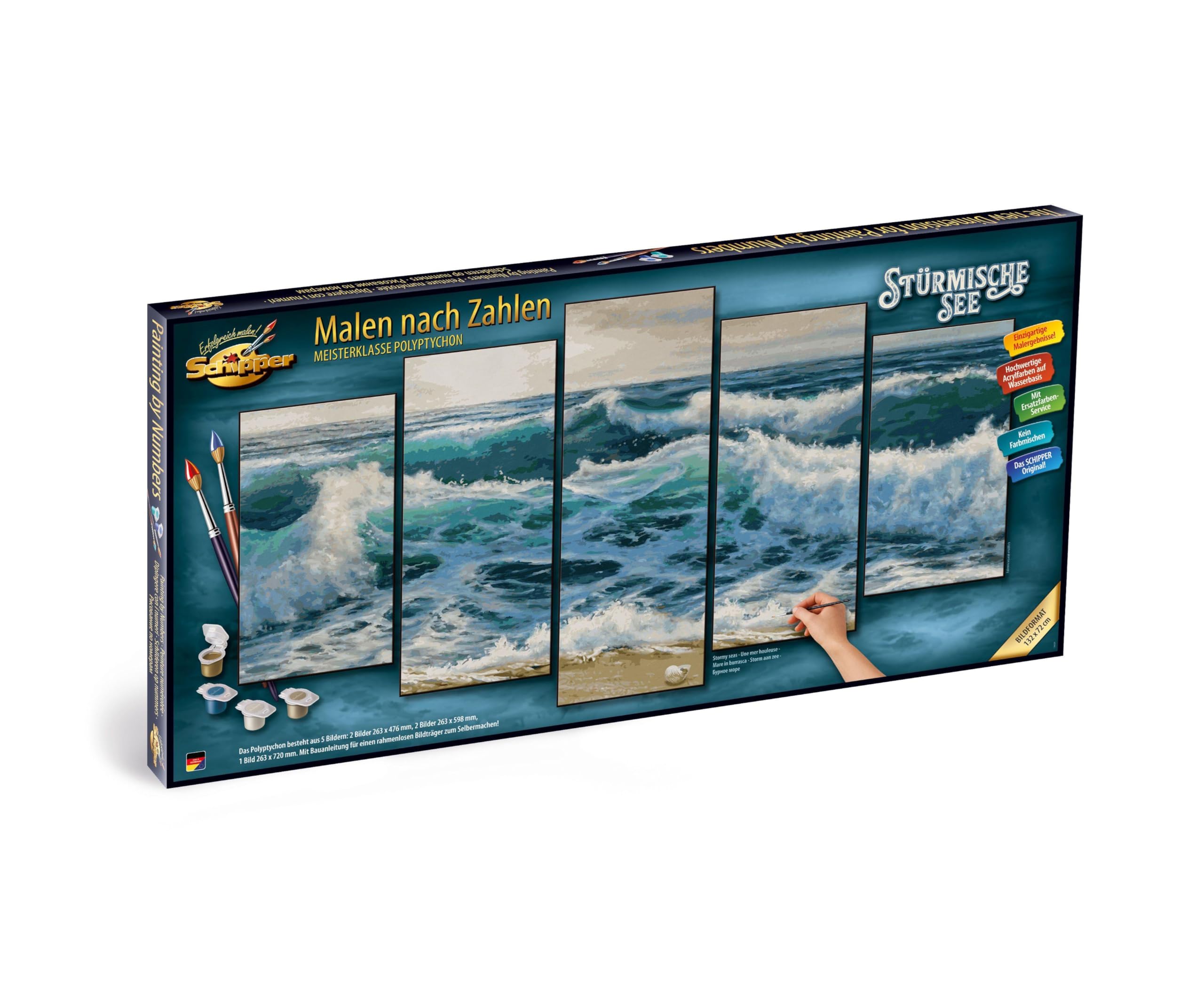 Schipper 609450865 Malen nach Zahlen - Stürmische See - Bilder malen für Erwachsene, inklusive Pinsel und Acrylfarben, 5 Bilder, Meisterklasse Polyptychon, Profi, Edition, 132 x 72 cm