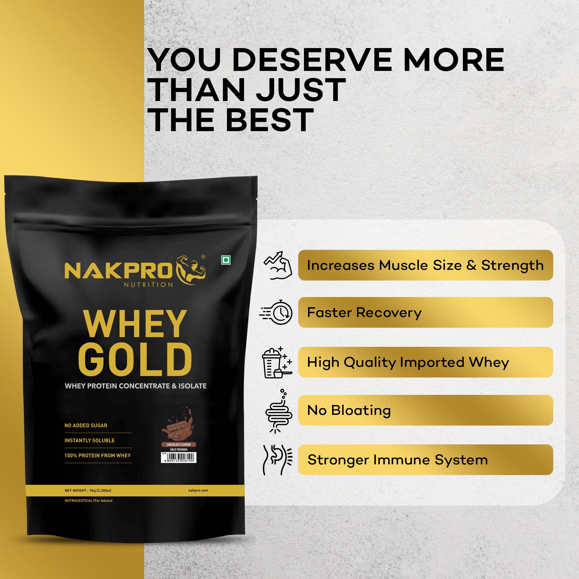 NAKPRO NUTRITION Gold Premium Whey Protein | 1kg Chocolate | 27g Protein | Isolate & Concentrate 2