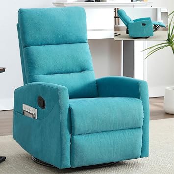 360 Swivel Rocker Recliner Chair Manual Glider Reclining Chair for Small Spaces, Nursery & Living Room with Adjustable Footrest and Segmented Back Support,Blue