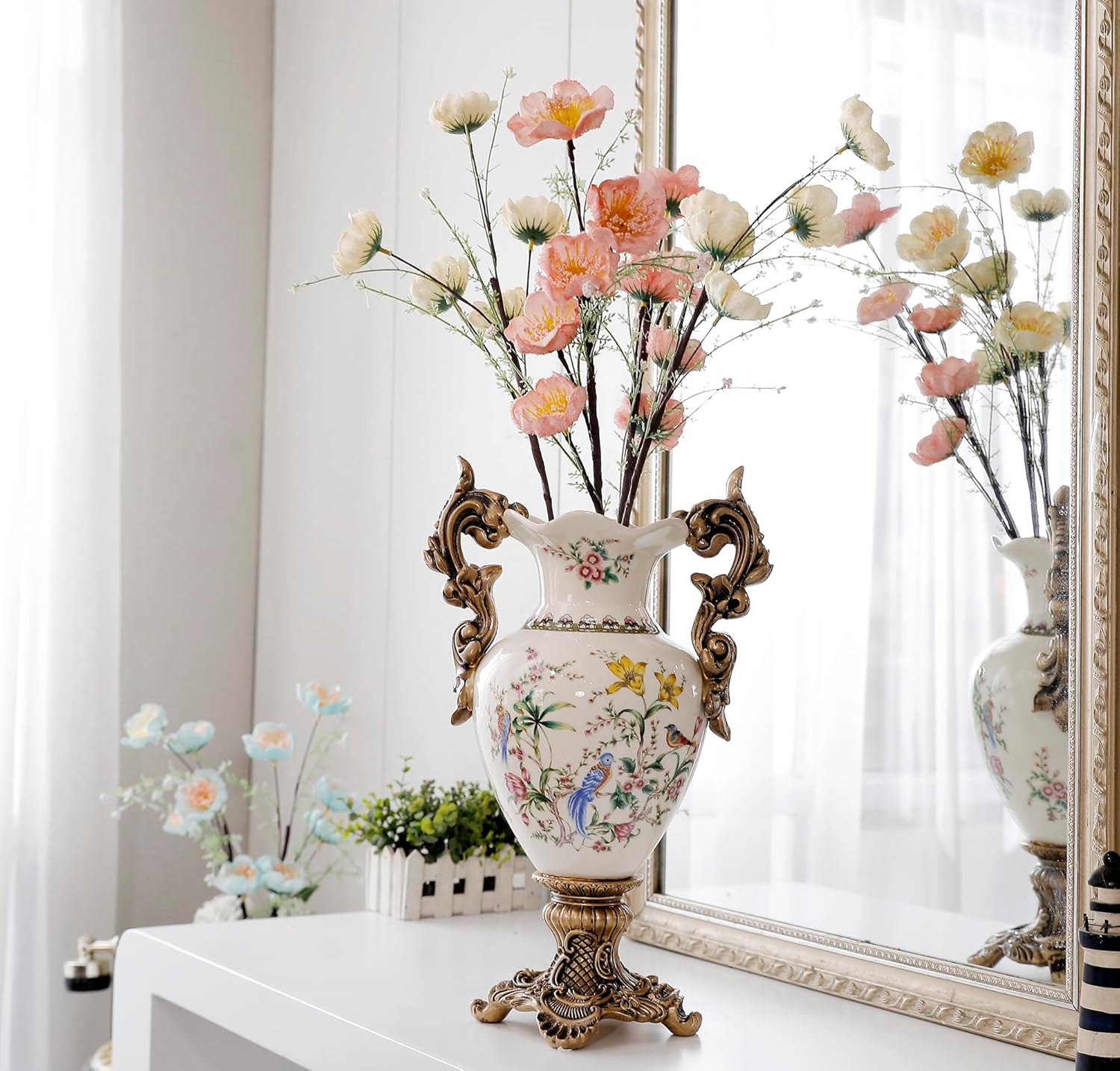 Magcolor Tall Table White Ceramic Vase for Pampas Grass Flowers -16.1" Tall, Unique Design ice Cracked Ceramic vase for Home Decor, Sophisticated Vessel for Decorative Branches & Dried Flowers.