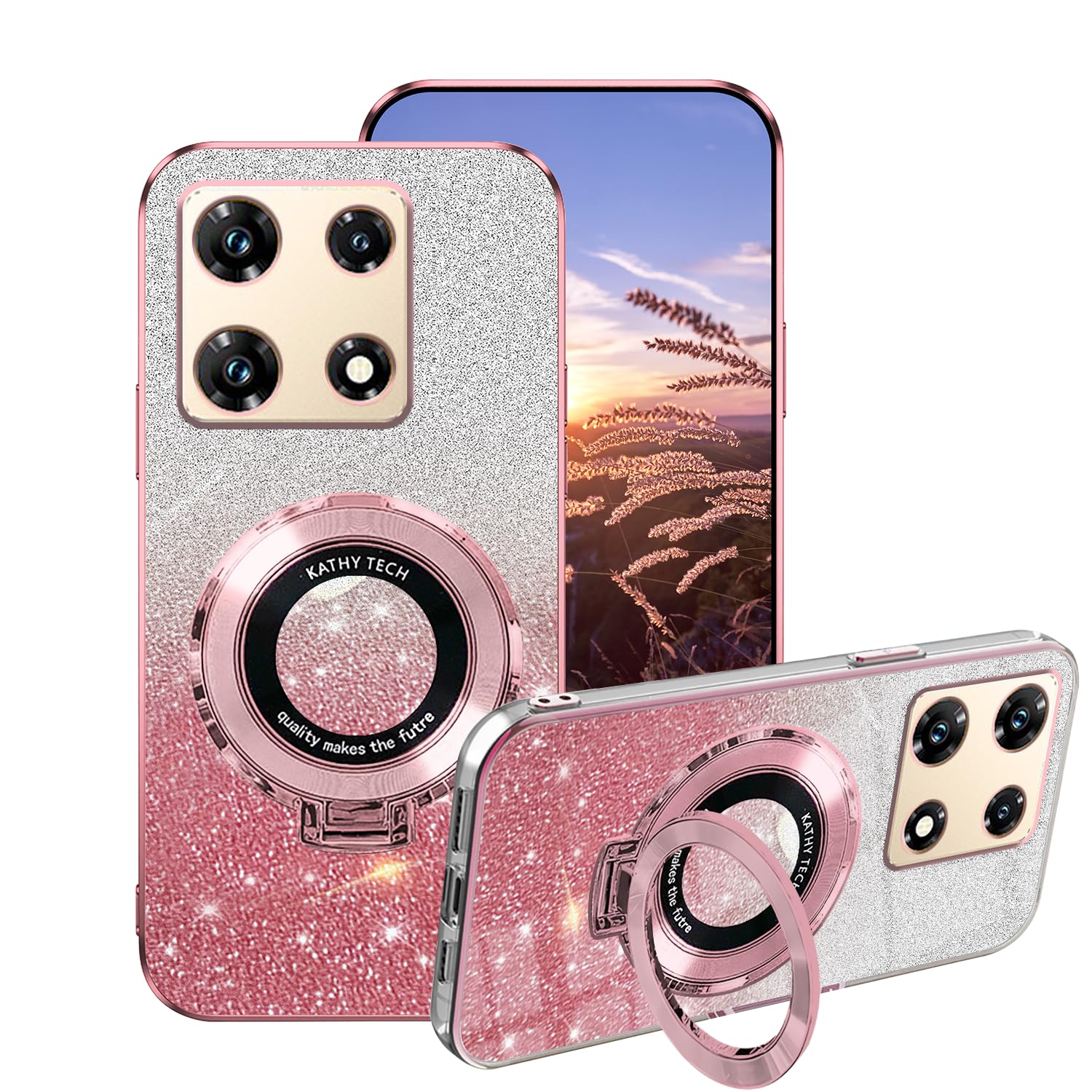 Case for Infinix Note 40 Pro 4G Cases Silicone with Ring, for Infinix Note 40 Pro 4G Phone Case Glitter Transparent Double Layer Detachable Soft TPU Shockproof Protective Luxury Slim Cover (Pink)