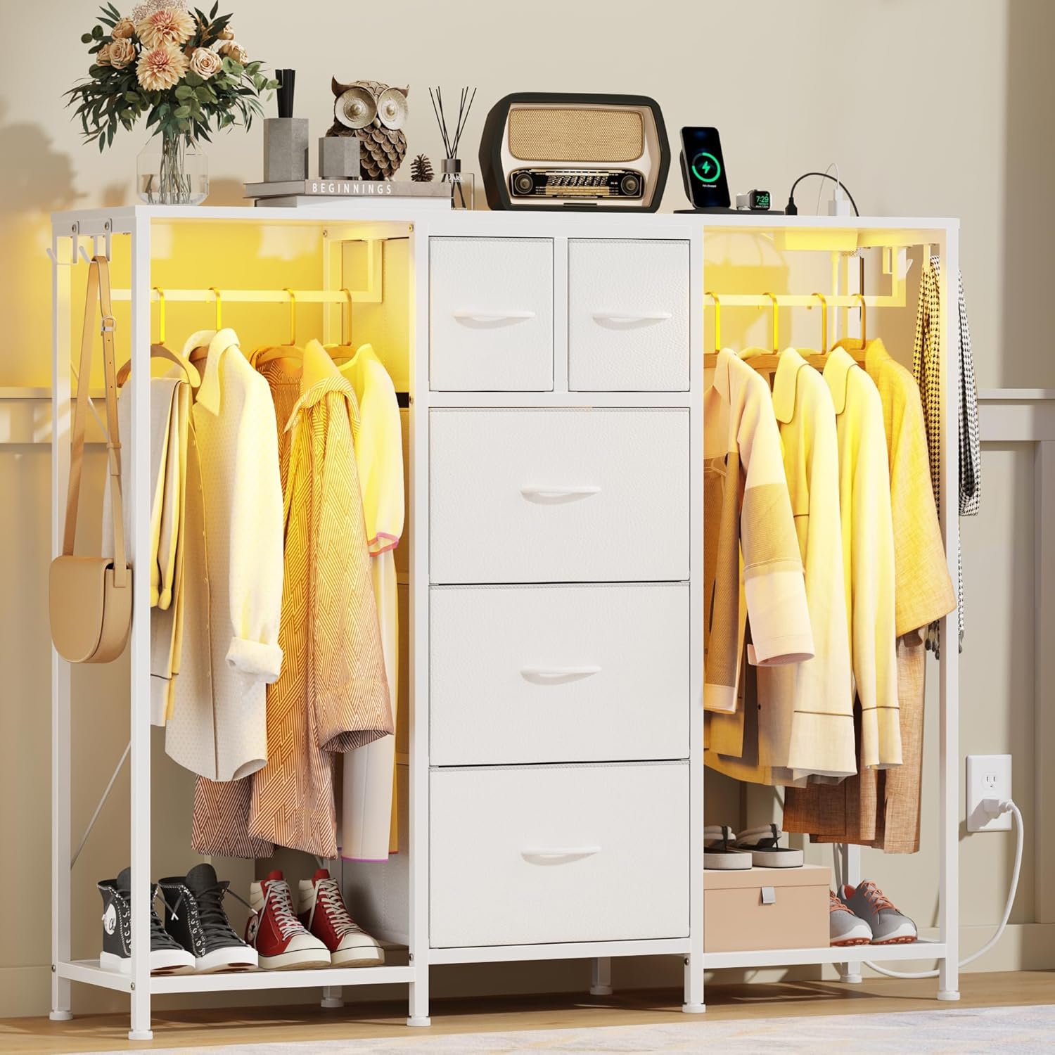 49.2“W Dresser with 2 Hanging Racks, 5 Drawers Dresser with LED Lights & Charging Station, Dressers TV Stand with Clothes Rack, Shoe Racks and Side Hooks, Chest of Drawers for Bedroom, White 11.8"D x 49.2"W x 43.9"H (5 Drawers) White