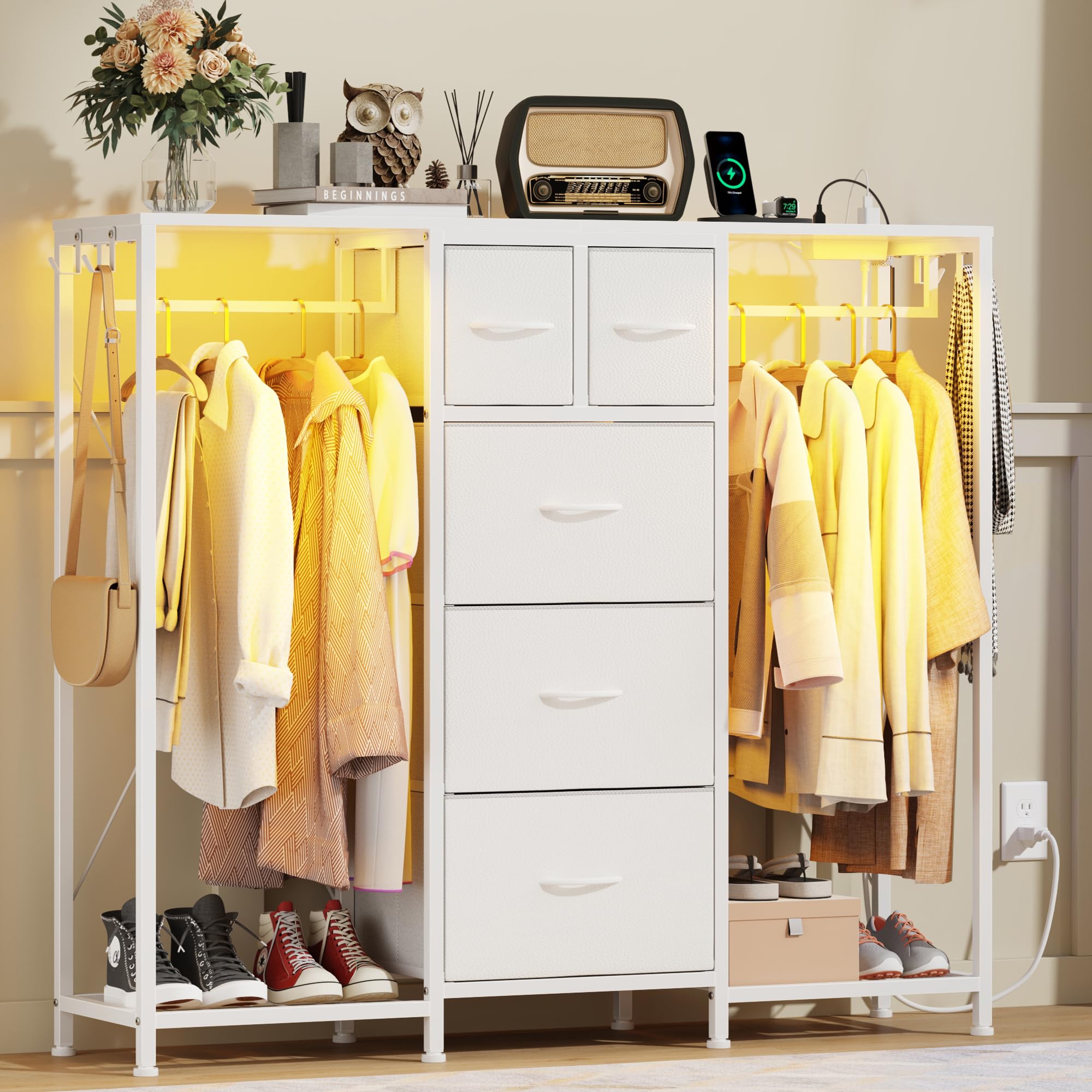 Photo 1 of **missing pieces** HIGDBFE 5-Drawer Dresser with 2 Hanging Racks, White, 49.2" W