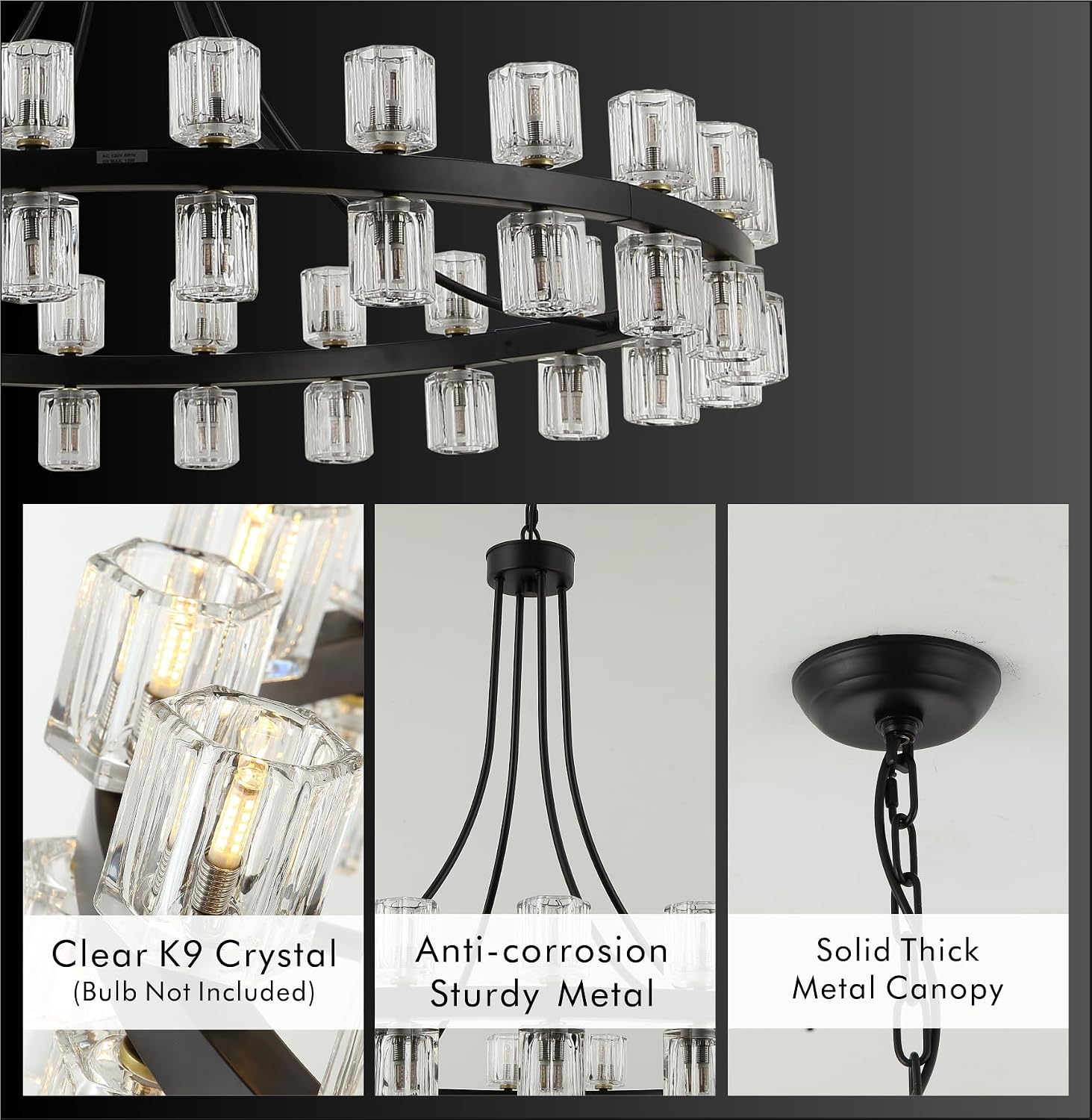48" Wagon Wheel Chandelier Black Wagon Wheel Chandelier with Crystal Shade, 48 Lights, Modern Farmhouse Style, Ideal for Dining Room, Kitchen, Entryways