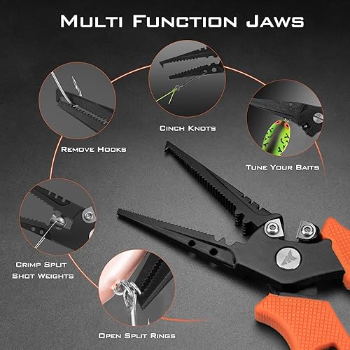 Miniatura 11 de KastKing Cutthroat Alicates de pesca resistentes al agua salada de 7.5 pulgadas, tijeras trenzadas de 5 pulgadas, cortador de líneas, removedor