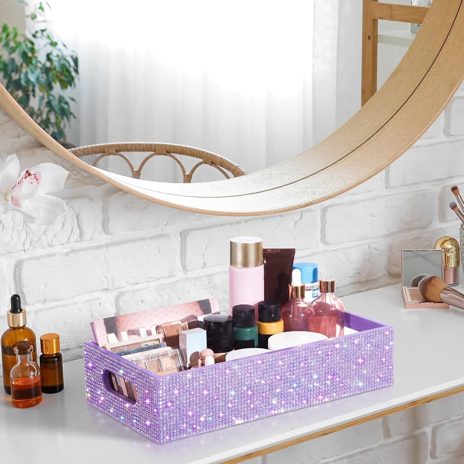 Honeydak Bling Rhinestone Bathroom Basket with Handle 13" x 6" x 3" Toilet Tank Tray, Crushed Diamond Bathroom Decor Accessories, Back of Toilet Storage Organizer, Sparkly Gifts for Women (Purple)