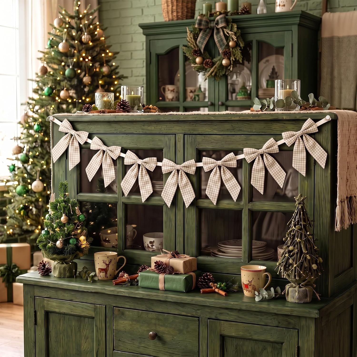 Fanfanwin Khaki Gingham Bow Garland Christmas Farmhouse Fabric Bow Banner