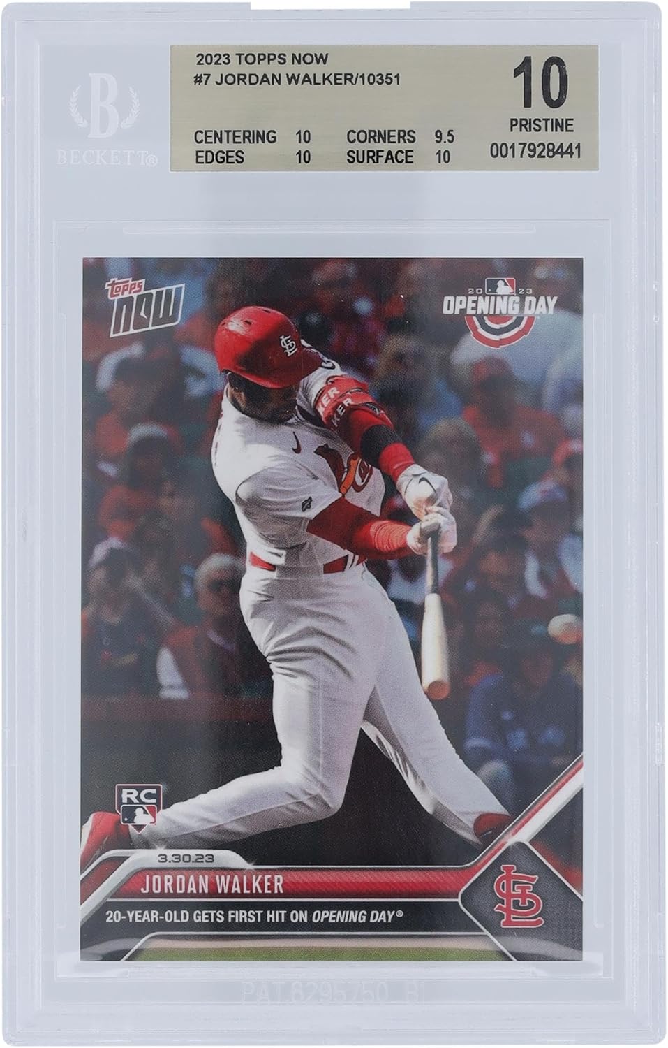 Jordan Walker St. Louis Cardinals 2023 Topps Now First Hit on Opening Day 03.20.23#7 BGS Authenticated 10 Card - 10,9.5,10,10 Subgrades - Baseball Slabbed Rookie Cards