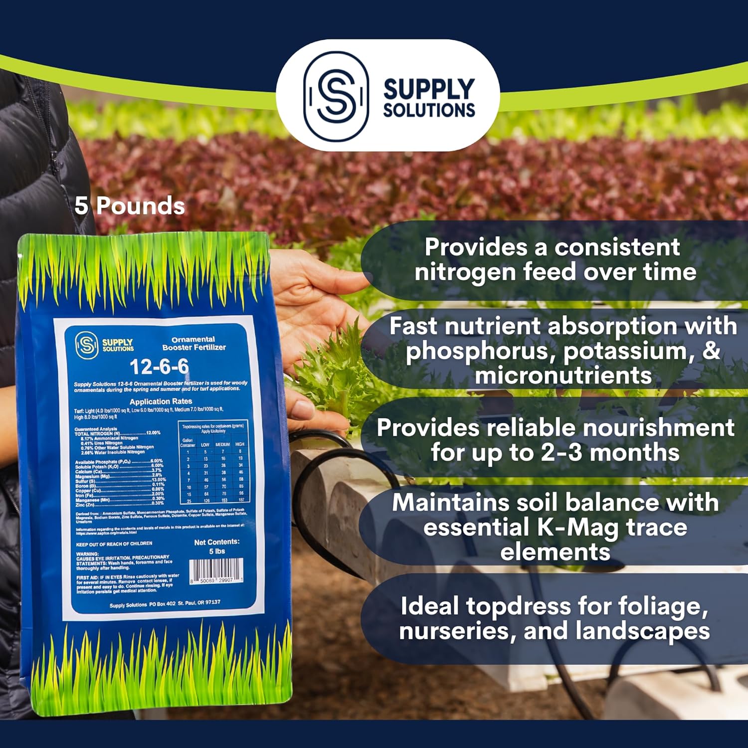 Supply Solutions 12-6-6 Ornamental Booster Fertilizer - Plant Food Topdress on Foliage, Nurseries and Landscapes - Controlled Release NPK Plant Fertilizer with Macro and Micro Nutrients (5lbs)