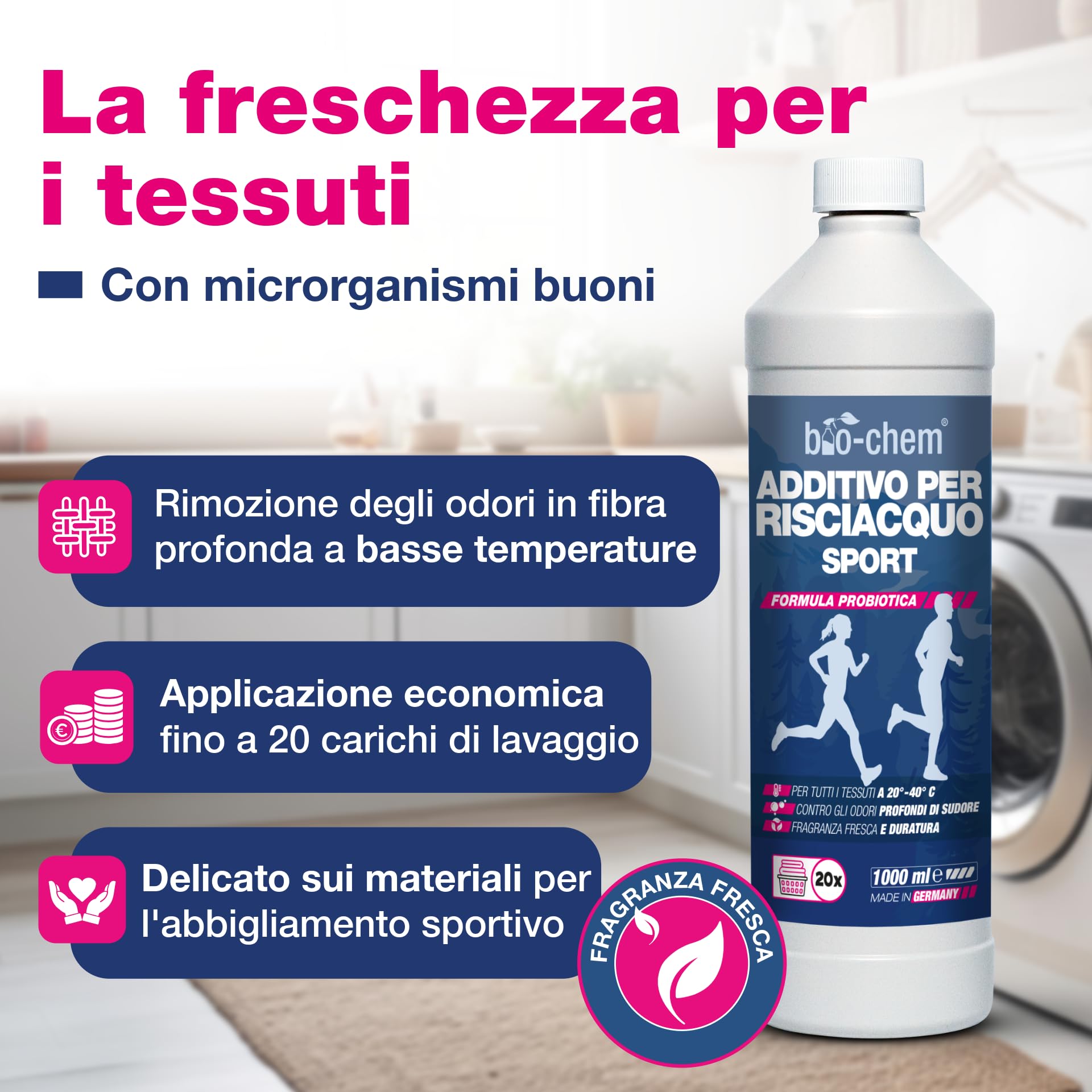 bio-chem Additivo per bucato speciale sport 3L | Anti-odore indumenti sportivi - Ammorbidente per indumenti outdoor, palestra, attività all'aperto