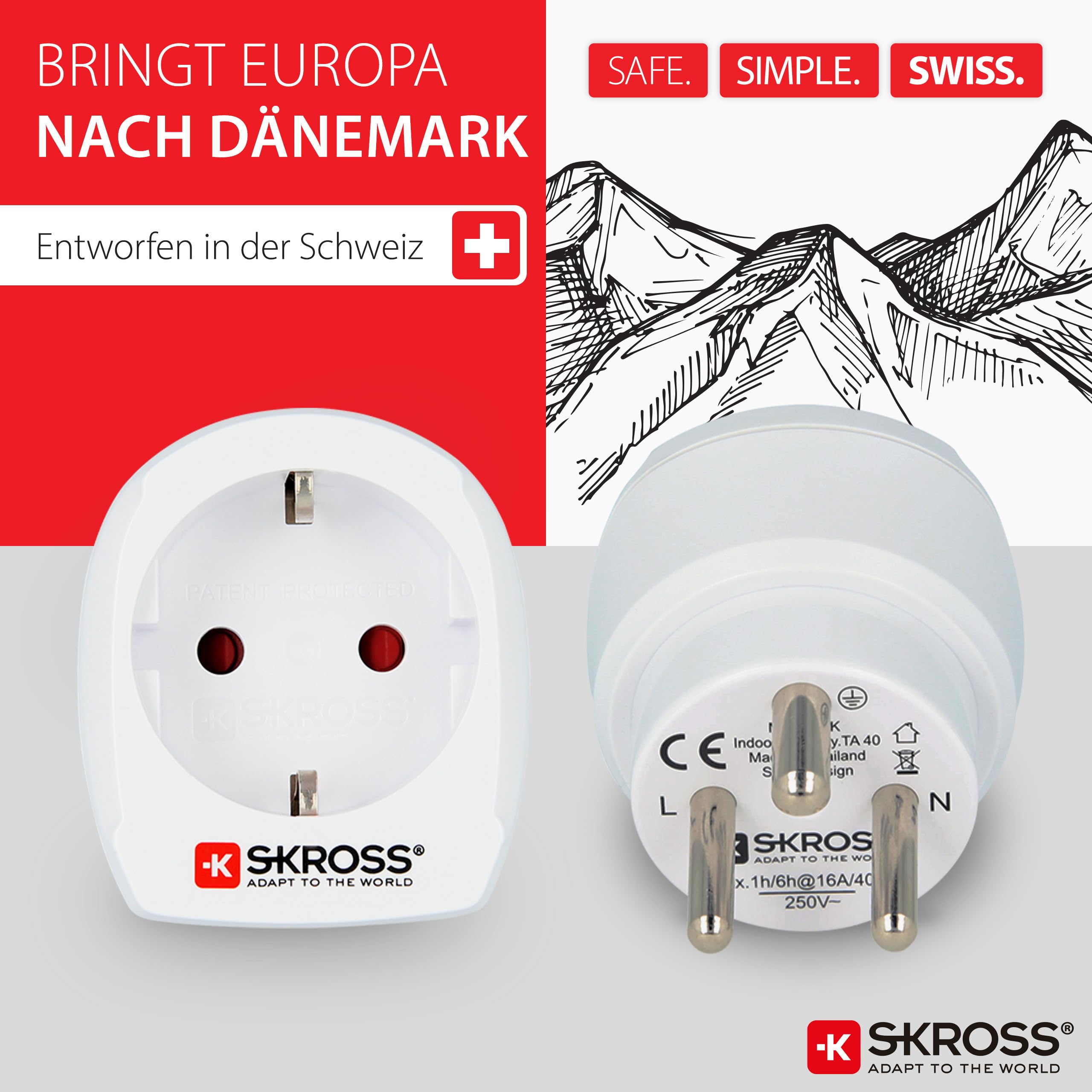 SKROSS Wtyczka podróżna z USB - Niemcy do Danii - adapter podróżny do stosowania urządzeń z wtyczką Schuko lub Euro w Danii