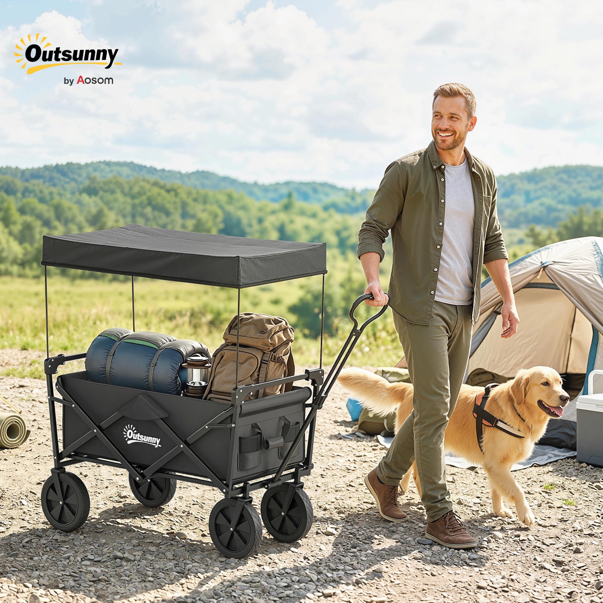 Outsunny Bollerwagen Faltbar Transportwagen mit Sonnendach 100 kg Schwarz | Handwagen mit Griff, Gartenwagen mit Tragetasche, Oxford