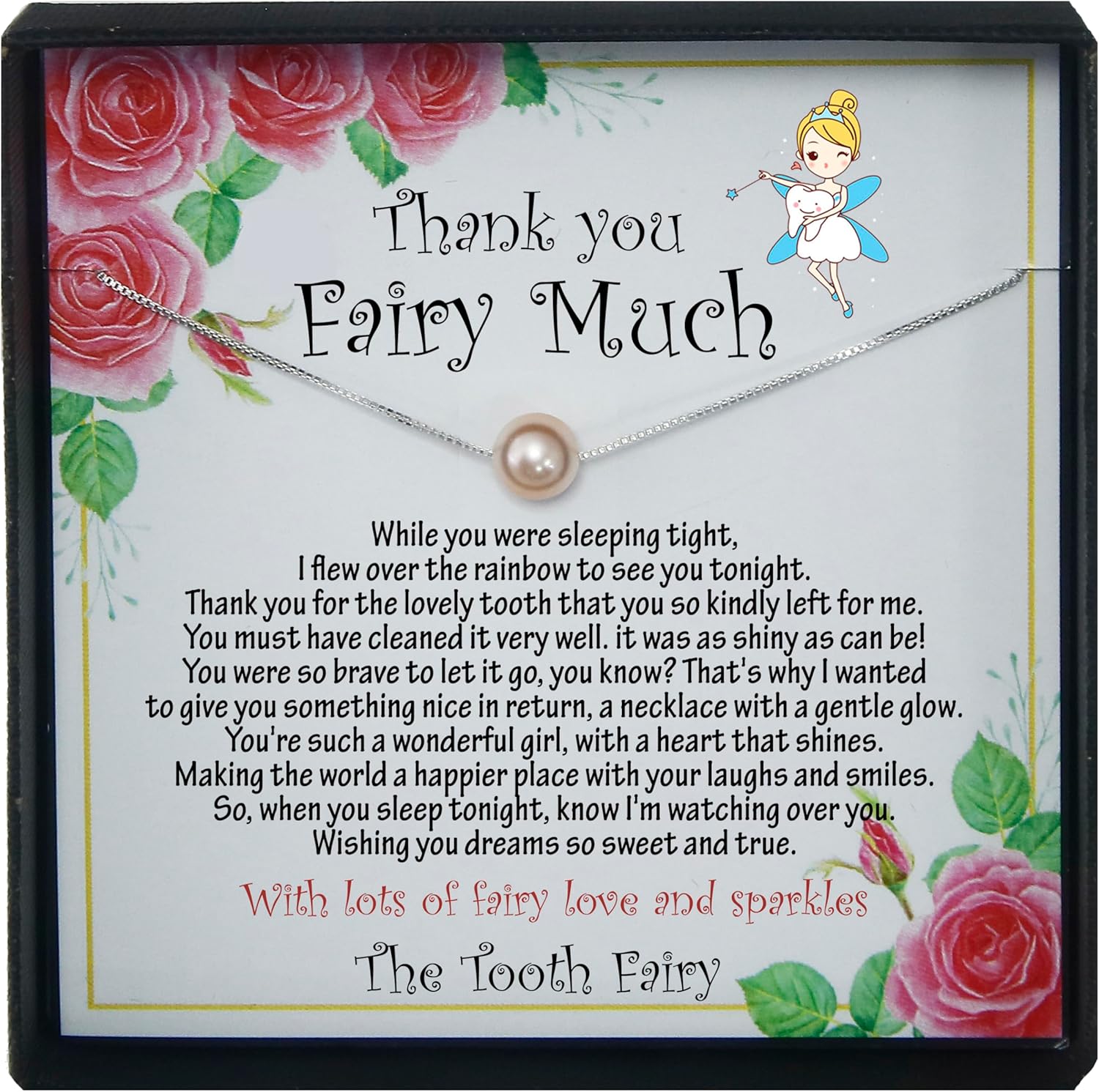 Be Wished Tooth Fairy Gifts for Girls with Meaningful Message and Jewelry, Ready To Gift Necklace with Poem. 925 Sterling Silver Floating Pearl Necklace