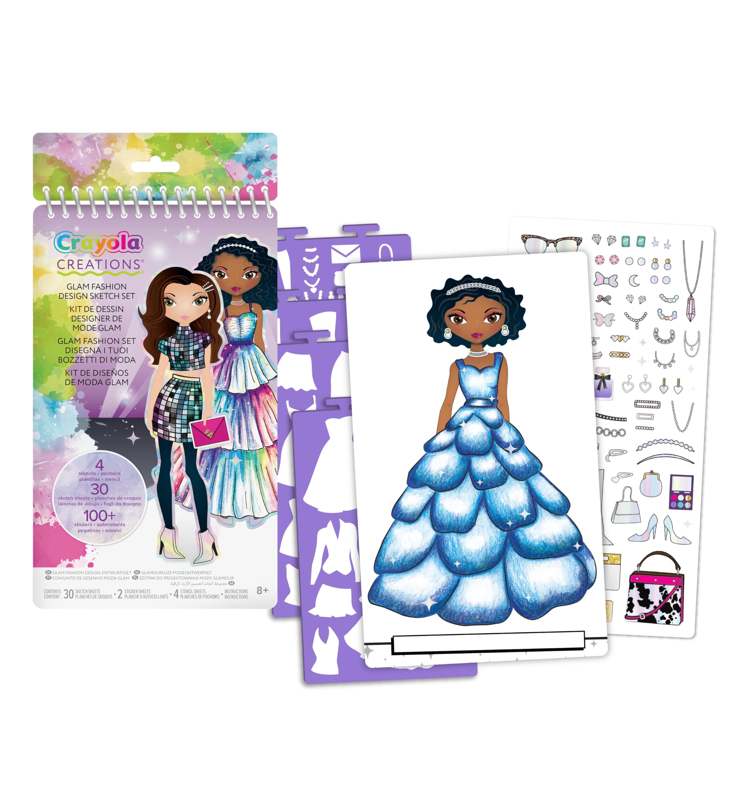 CRAYOLA Creations Glam Fashion Set, Create Your Own Fashion Collection, Drawing Set with Stencils and Stickers, Creative Activity for Girls, from 8 Years, 04-1273