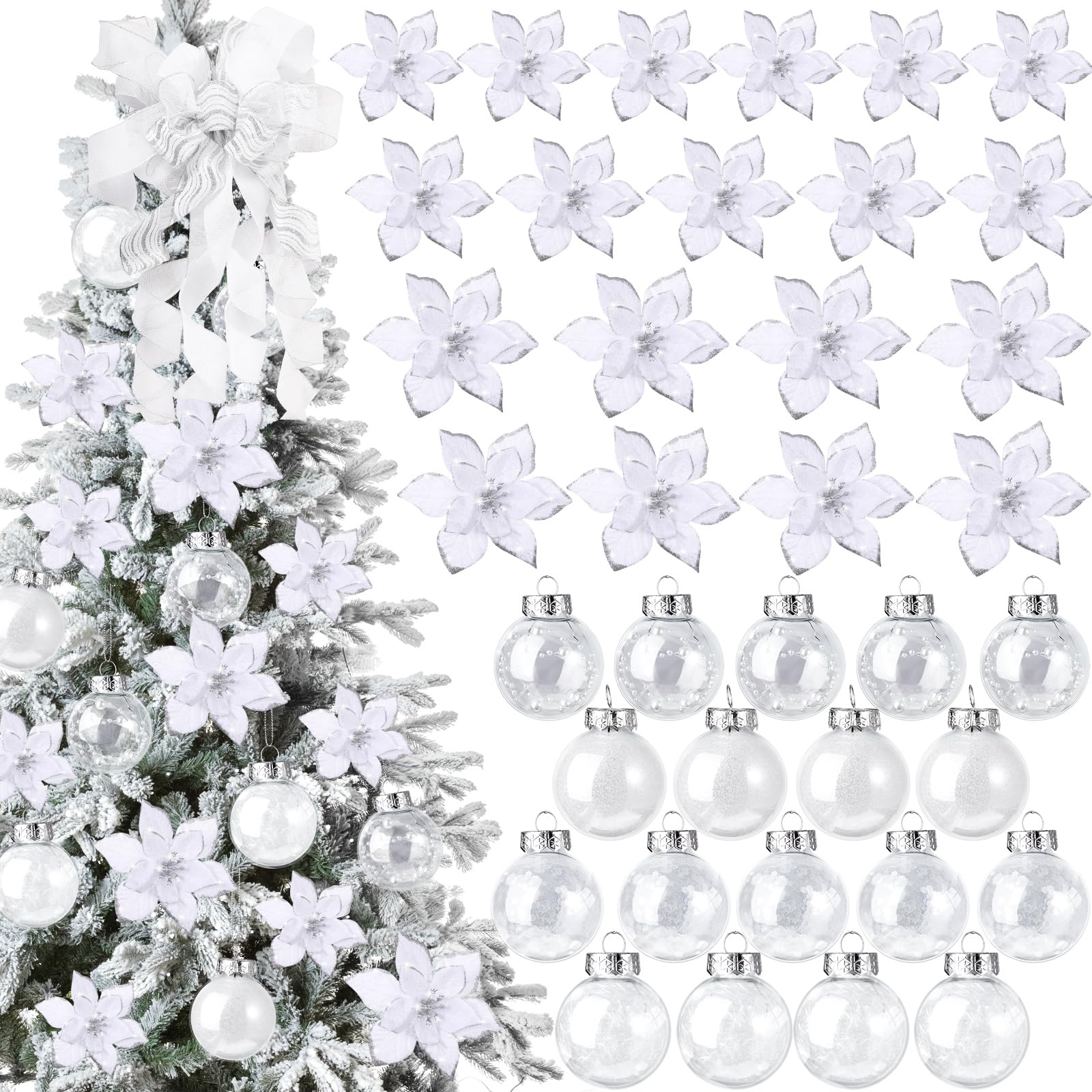 49 Decoración de Árbol de Navidad Set Incluye Adornos para Árbol de Navidad, 24 Flores con Purpurina 3 Tamaños, 24 Adornos de Bolas de Navidad de 2,36 Pulgadas para Fiestas (Blanco)