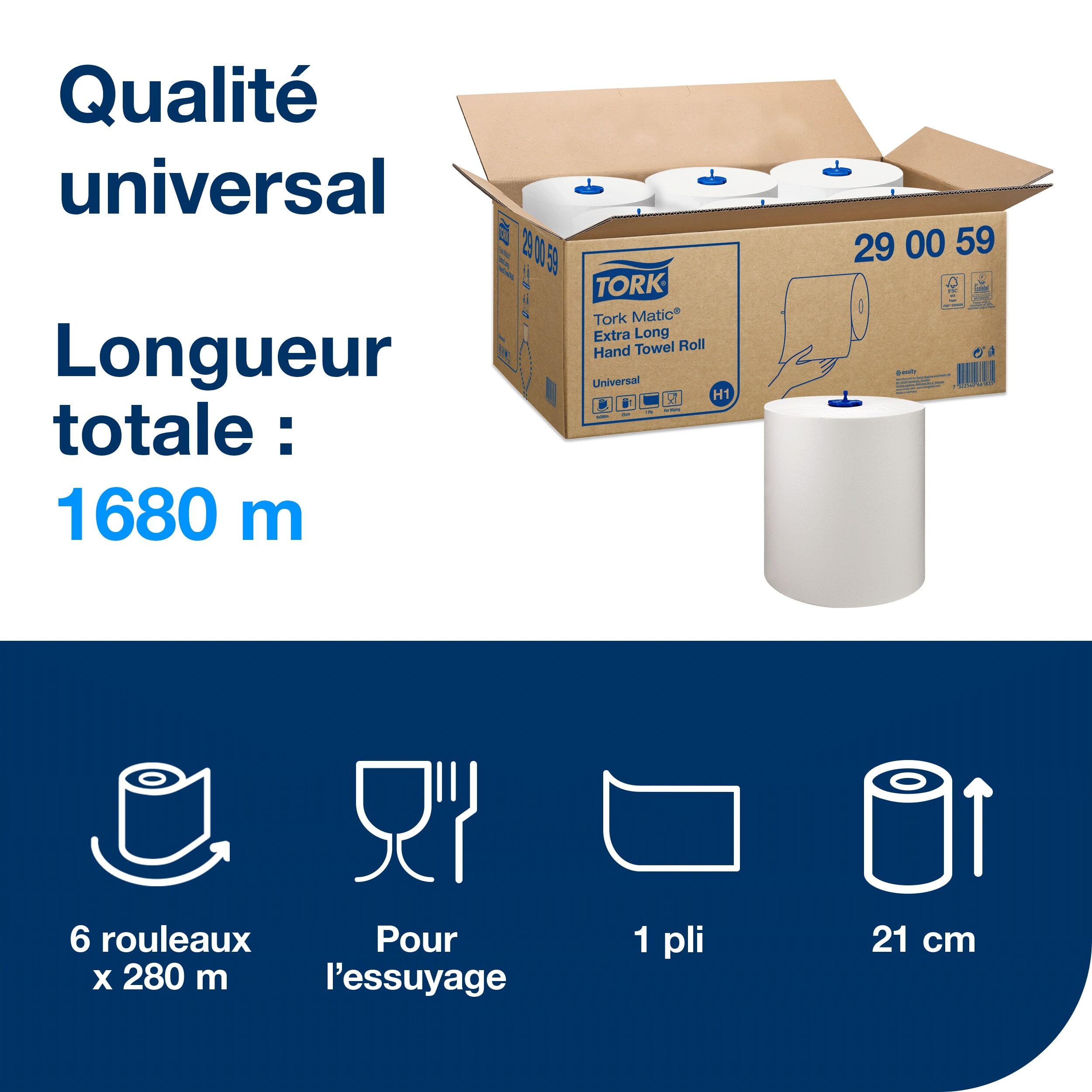 Tork Matic Essuie-mains Rouleaux en papier extra long Universal 290059 - Papier d'essuyage pour Distributeurs H1 - 1 pli blanc - Longueur 280 m Lot de 6