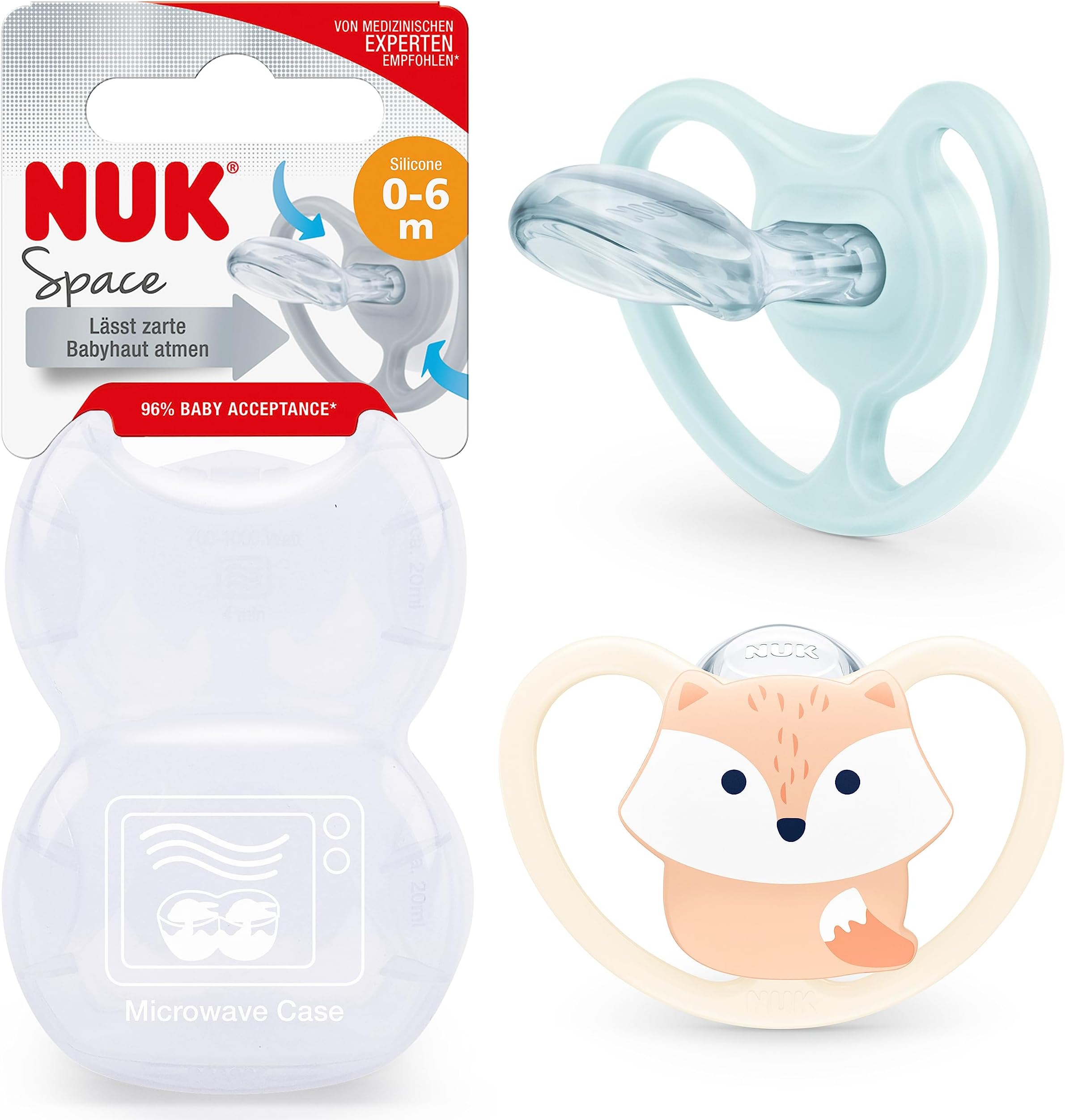 NUK Space Baby Dummy | 0-6 Months | Soothers with Extra Ventilation for Sensitive Skin for Sensitive Skin | BPA-Free Silicone | Fox | 2 Count